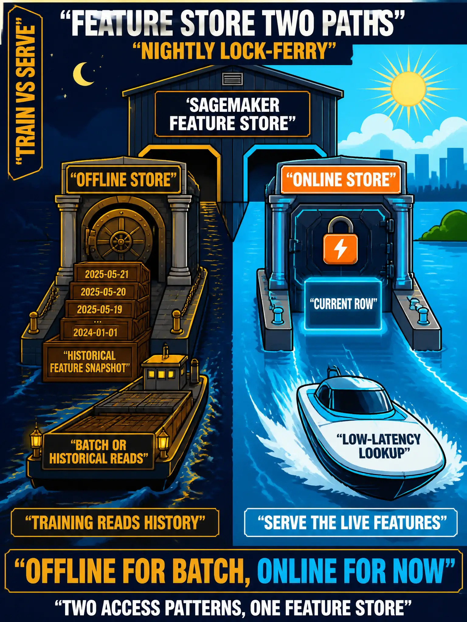 To Create an exciting colorful infographic that explains the concepts in the question: Question: Nightly lock-ferry training reads a historical feature snapshot; a later low-latency lookup needs the current row. Which two SageMaker Feature Store access patterns is that? Correct Answer: Offline store for batch or historical reads; online store for low-latency current features. Put EVERY visible label in double quotes. No people. No A/B/C/D letters. In one of the four corners put a little "Navy Duck".
