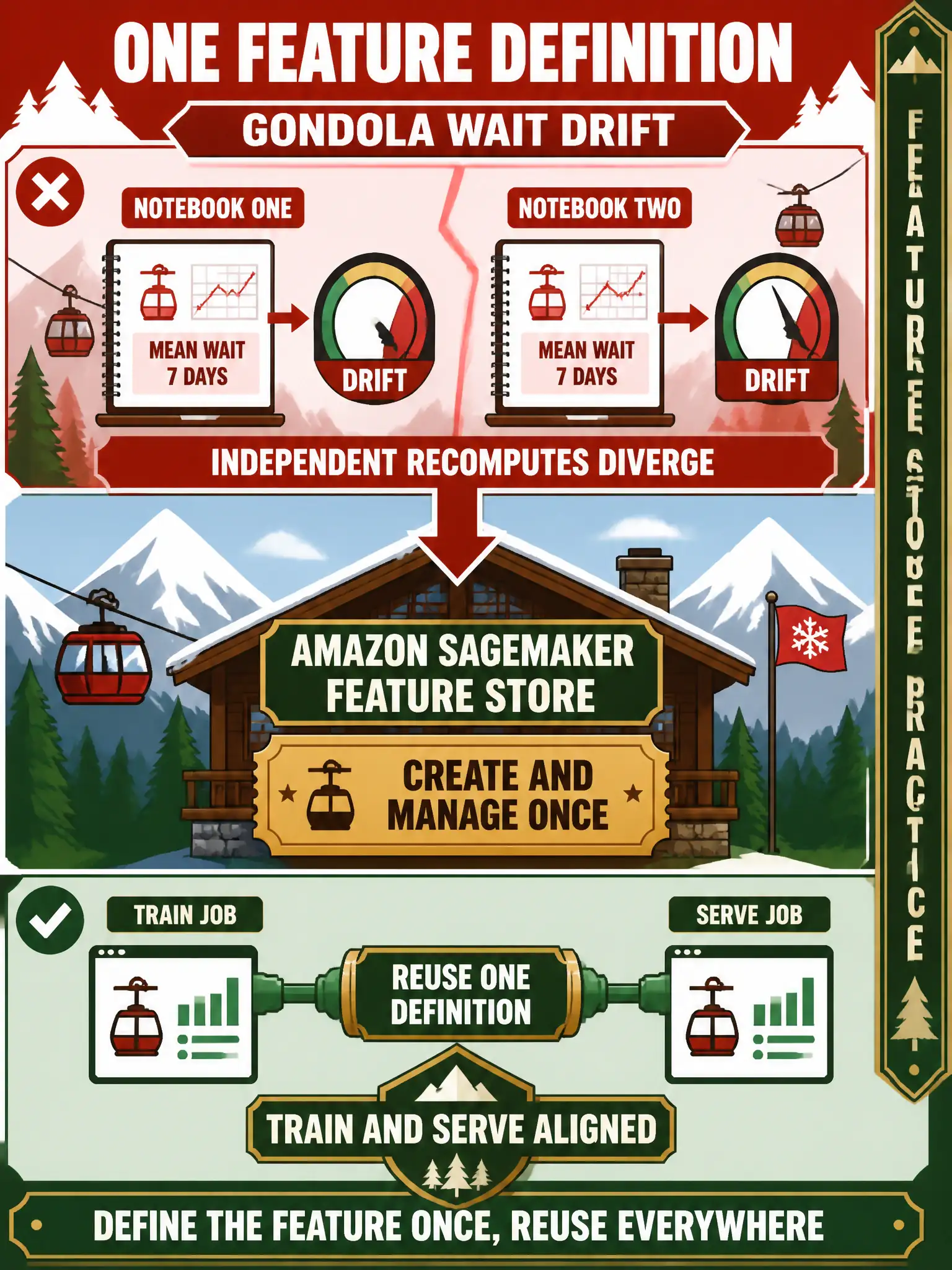 To Create an exciting colorful infographic that explains the concepts in the question: Question: Two gondola notebooks independently recompute mean wait over 7 days and drift from each other. Which Feature Store practice keeps train and serve aligned? Correct Answer: Create and manage that feature once in Amazon SageMaker Feature Store so jobs reuse one definition. Put EVERY visible label in double quotes. No people. No A/B/C/D letters. In one of the four corners put a little "Navy Duck".