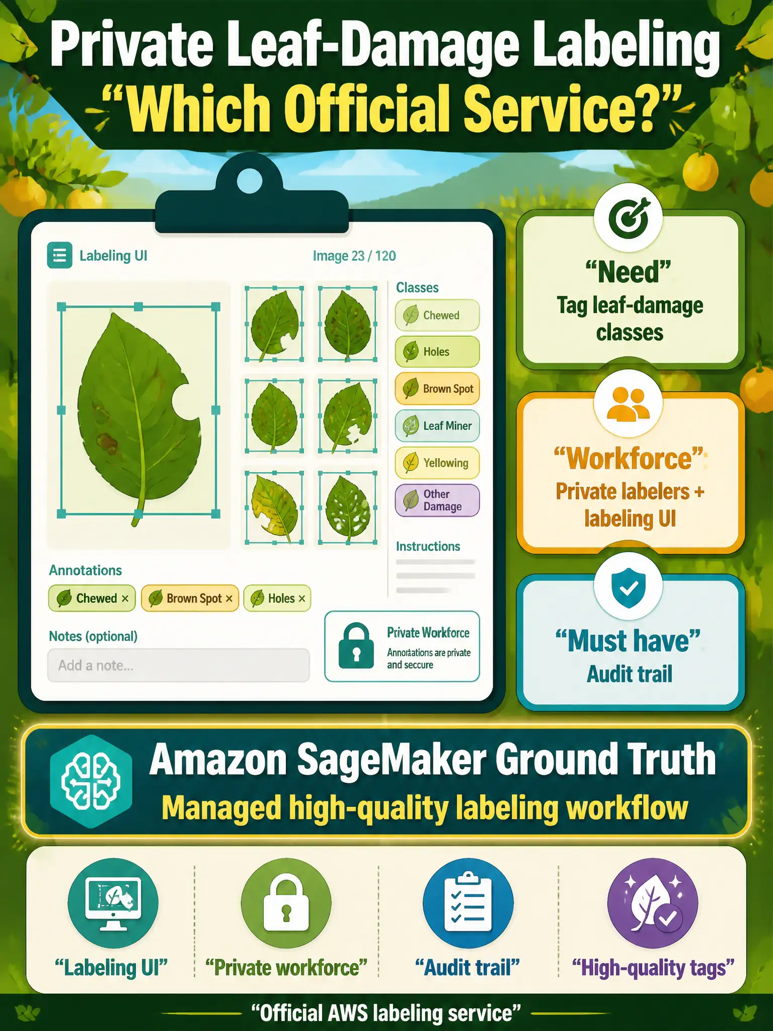 To Create an exciting colorful infographic that explains the concepts in the question: Question: Orchard botanists must tag leaf-damage classes on a private workforce with a labeling UI and audit trail. Which official labeling service should they use? Correct Answer: Amazon SageMaker Ground Truth, for a managed high-quality labeling workflow. Put EVERY visible label in double quotes. No people. No A/B/C/D letters. In one of the four corners put a little "Navy Duck".