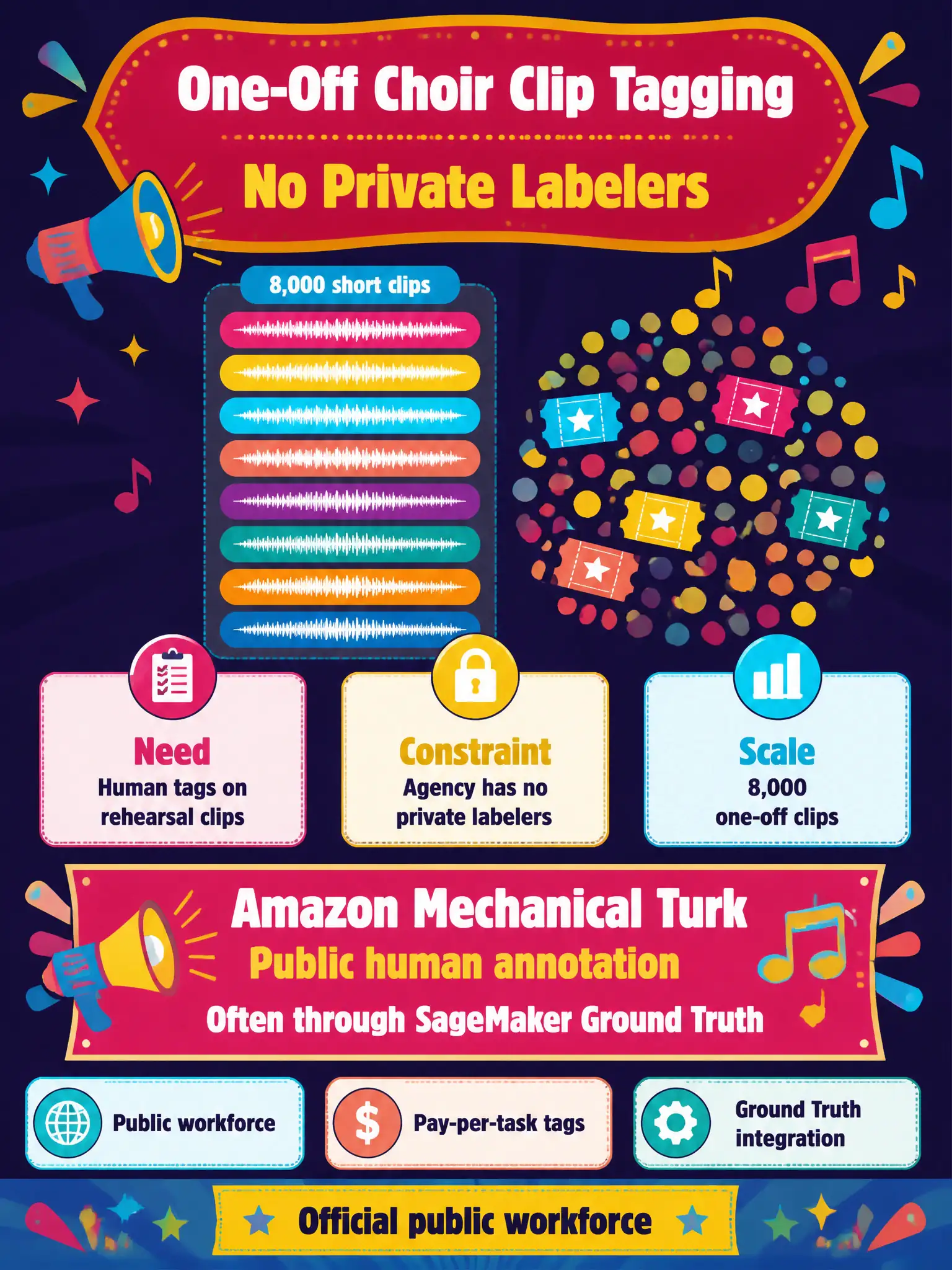 To Create an exciting colorful infographic that explains the concepts in the question: Question: A one-off batch of 8,000 short choir-rehearsal clips needs human tags and the agency has no private labelers. Which official public workforce should they use? Correct Answer: Amazon Mechanical Turk, often through SageMaker Ground Truth, for public human annotation. Put EVERY visible label in double quotes. No people. No A/B/C/D letters. In one of the four corners put a little "Navy Duck".