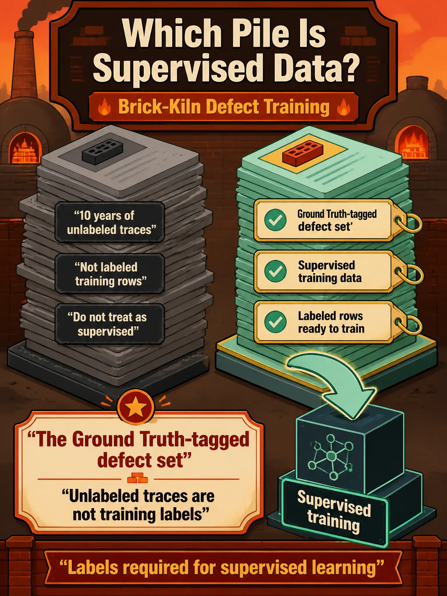 To Create an exciting colorful infographic that explains the concepts in the question: Question: A historic brick-kiln has ten years of unlabeled traces and a smaller Ground Truth-tagged defect set. Which pile is supervised training data? Correct Answer: The Ground Truth-tagged defect set. Do not treat the unlabeled traces as labeled training rows. Put EVERY visible label in double quotes. No people. No A/B/C/D letters. In one of the four corners put a little "Navy Duck".