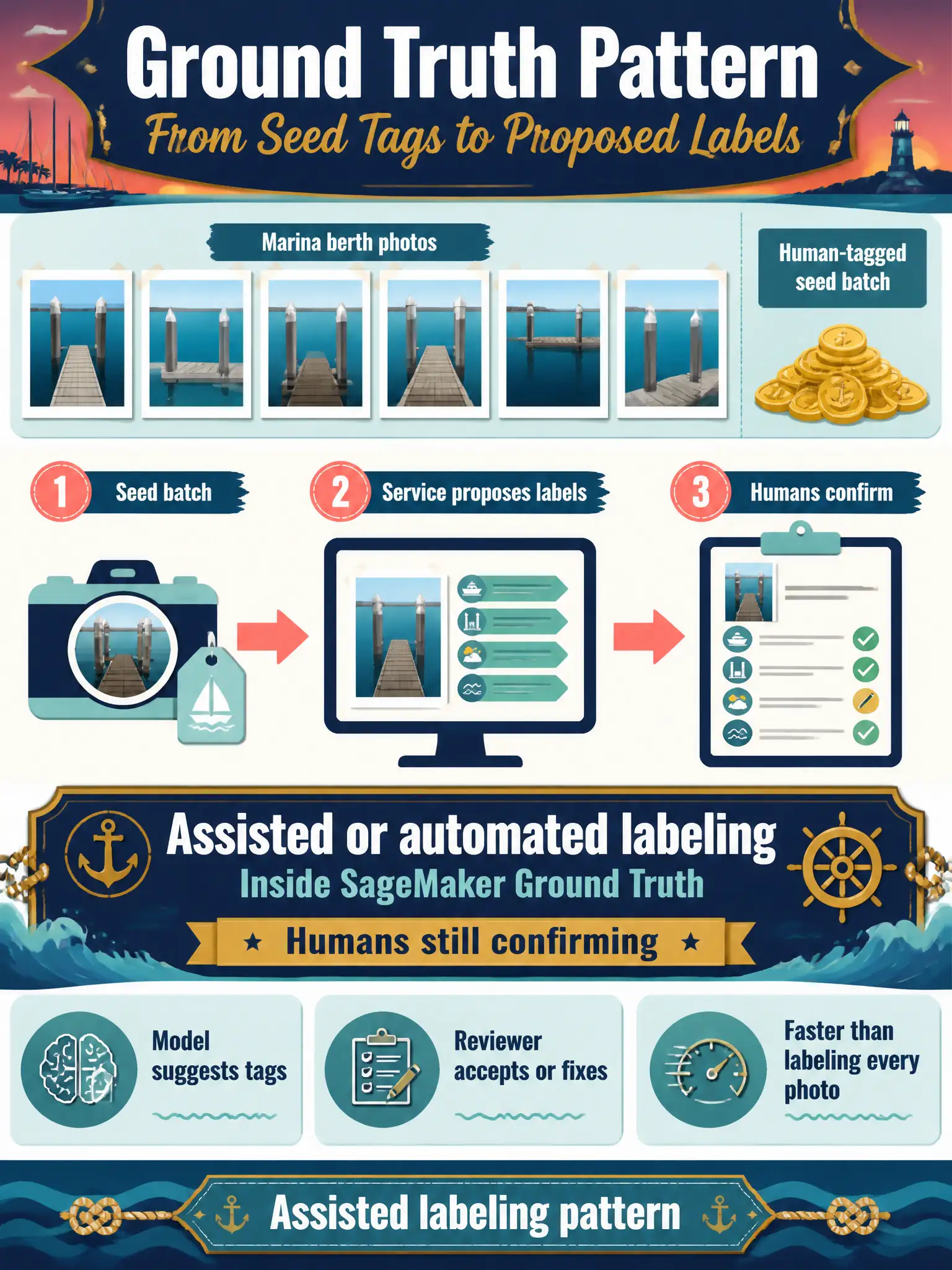 To Create an exciting colorful infographic that explains the concepts in the question: Question: After humans tag a seed batch of marina berth photos, the team wants the service to propose labels on the rest for human confirmation. Which Ground Truth pattern is that? Correct Answer: Assisted or automated labeling inside SageMaker Ground Truth, with humans still confirming. Put EVERY visible label in double quotes. No people. No A/B/C/D letters. In one of the four corners put a little "Navy Duck".