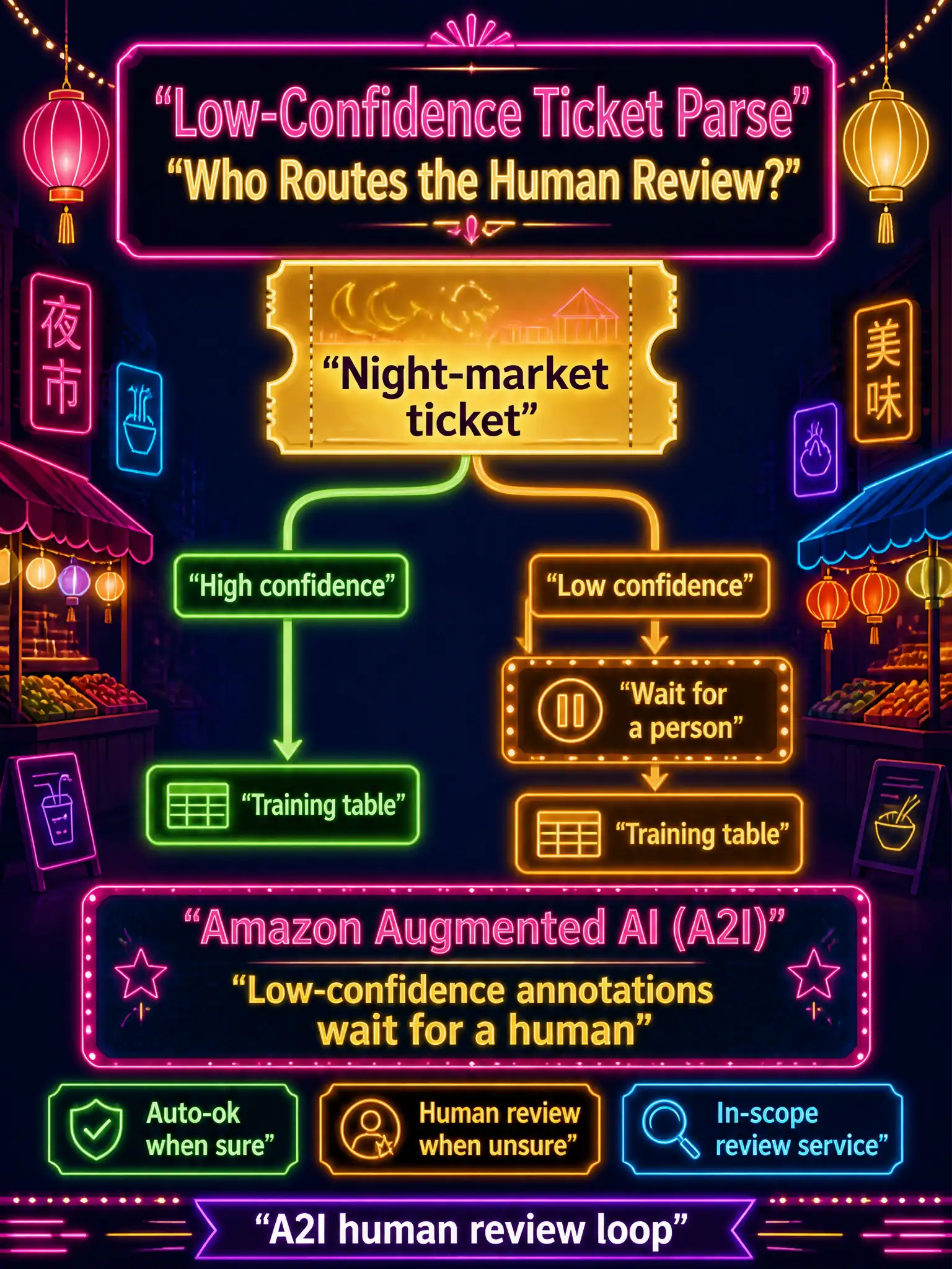 To Create an exciting colorful infographic that explains the concepts in the question: Question: A night-market ticket parse is usually fine, but low-confidence rows should pause for a person before they enter the training table. Which in-scope service routes that review? Correct Answer: Amazon Augmented AI (A2I), so low-confidence annotations wait for a human. Put EVERY visible label in double quotes. No people. No A/B/C/D letters. In one of the four corners put a little "Navy Duck".