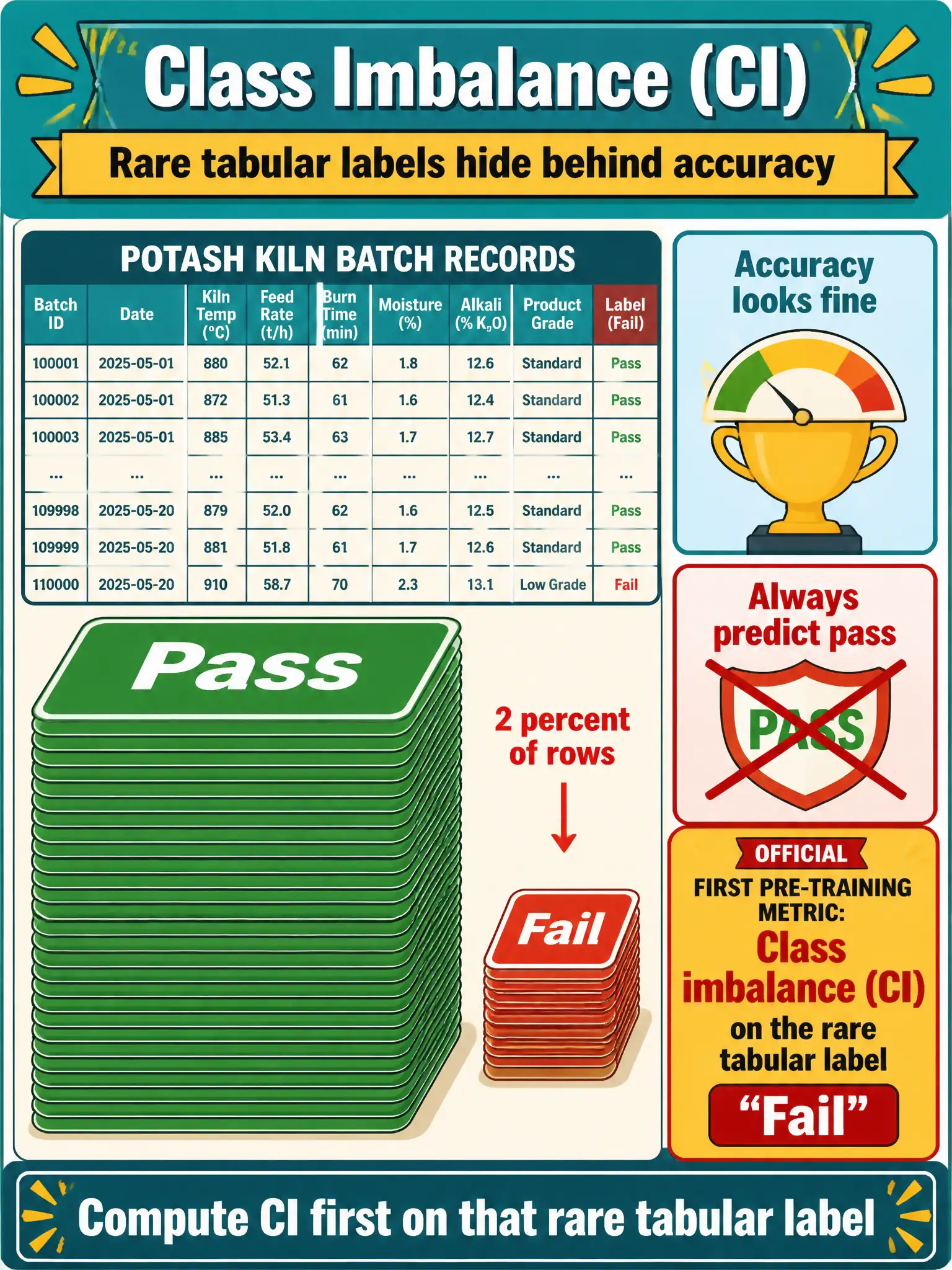 To Create an exciting colorful infographic that explains the concepts in the question: Question: Failed potash-kiln batches are 2 percent of rows. Accuracy looks fine if the model always predicts pass. Which official pre-training metric should the team compute first? Correct Answer: Class imbalance (CI) on that rare tabular label. Put EVERY visible label in double quotes. No people. No A/B/C/D letters. In one of the four corners put a little "Navy Duck".