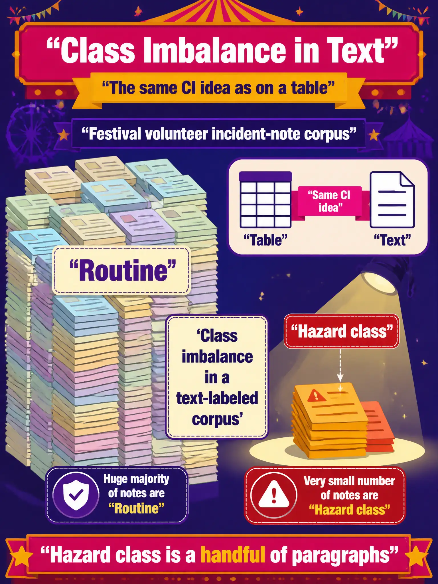 To Create an exciting colorful infographic that explains the concepts in the question: Question: Festival volunteer incident notes are almost all routine; the hazard class is a handful of paragraphs. Which data-prep problem is that? Correct Answer: Class imbalance in a text-labeled corpus, the same CI idea as on a table. Put EVERY visible label in double quotes. No people. No A/B/C/D letters. In one of the four corners put a little "Navy Duck".