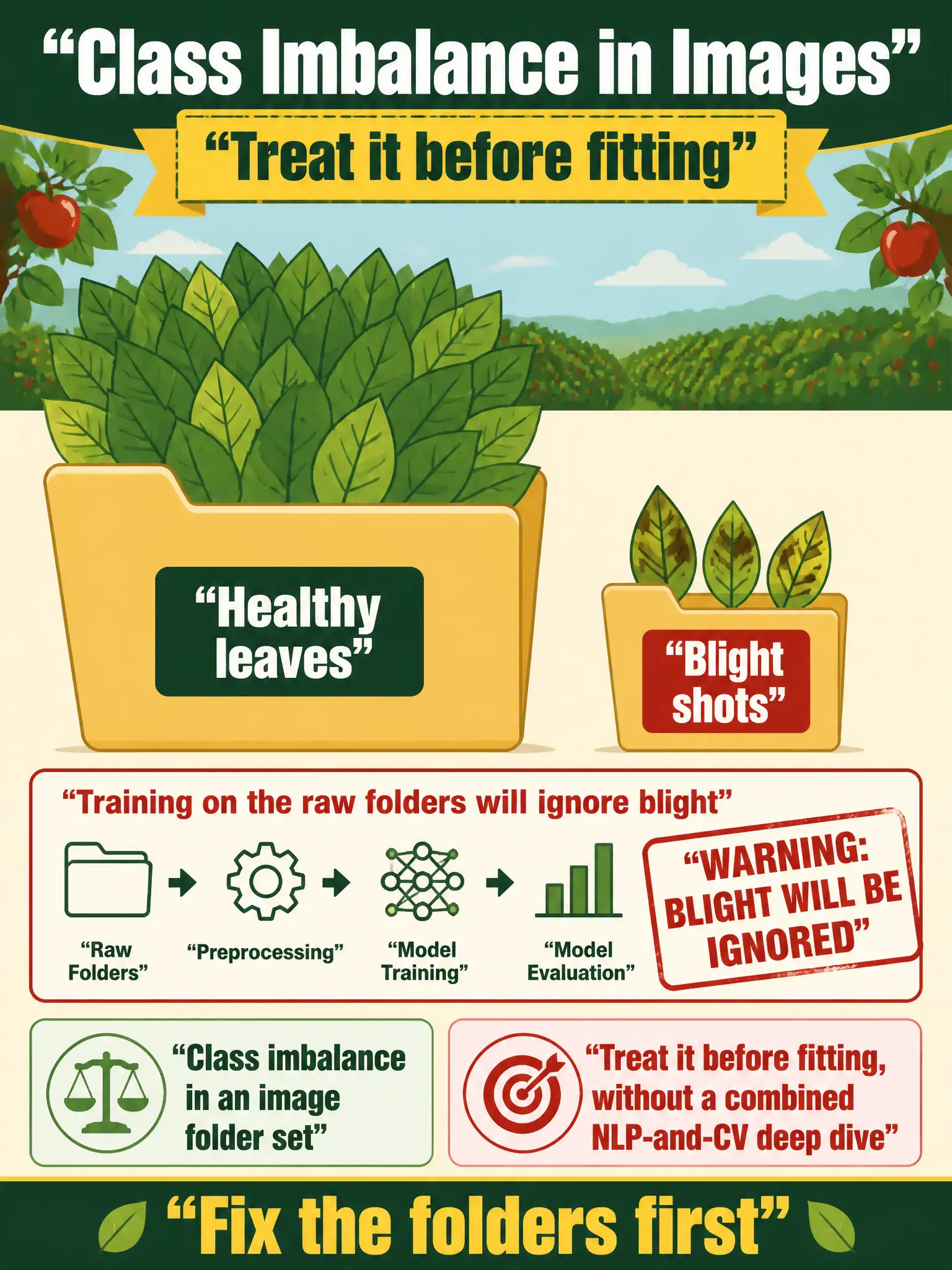 To Create an exciting colorful infographic that explains the concepts in the question: Question: An orchard leaf-photo set has thousands of healthy leaves and a few blight shots. Training on the raw folders will ignore blight. Which data-prep problem is that? Correct Answer: Class imbalance in an image folder set. Treat it before fitting, without a combined NLP-and-CV deep dive. Put EVERY visible label in double quotes. No people. No A/B/C/D letters. In one of the four corners put a little "Navy Duck".