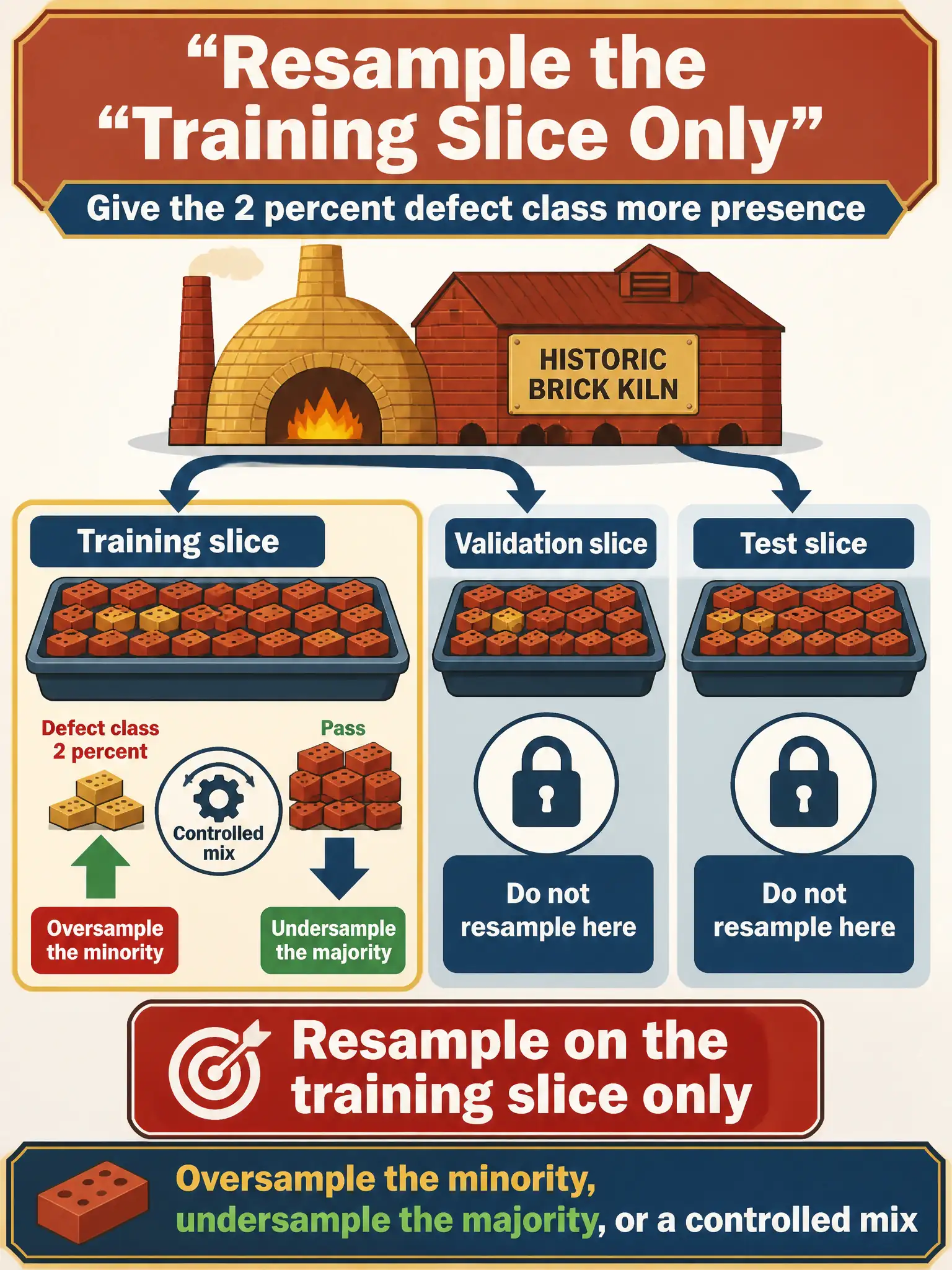To Create an exciting colorful infographic that explains the concepts in the question: Question: A historic brick-kiln’s 2 percent defect class needs more presence in the training slice. Which official strategy should they apply, and where? Correct Answer: Resample on the training slice only: oversample the minority, undersample the majority, or a controlled mix. Put EVERY visible label in double quotes. No people. No A/B/C/D letters. In one of the four corners put a little "Navy Duck".