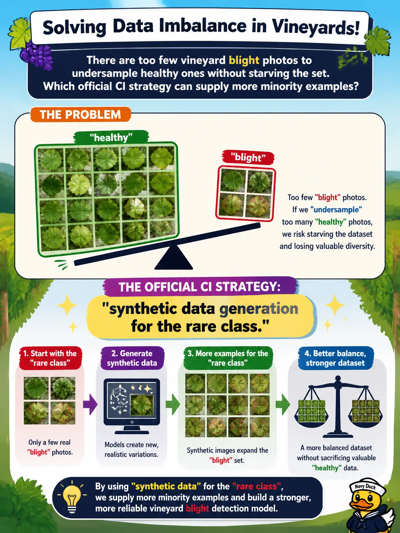 To Create an exciting colorful infographic that explains the concepts in the question: Question: There are too few vineyard blight photos to undersample healthy ones without starving the set. Which official CI strategy can supply more minority examples? Correct Answer: Synthetic data generation for the rare class. Put EVERY visible label in double quotes. No people. No A/B/C/D letters. In one of the four corners put a little "Navy Duck".