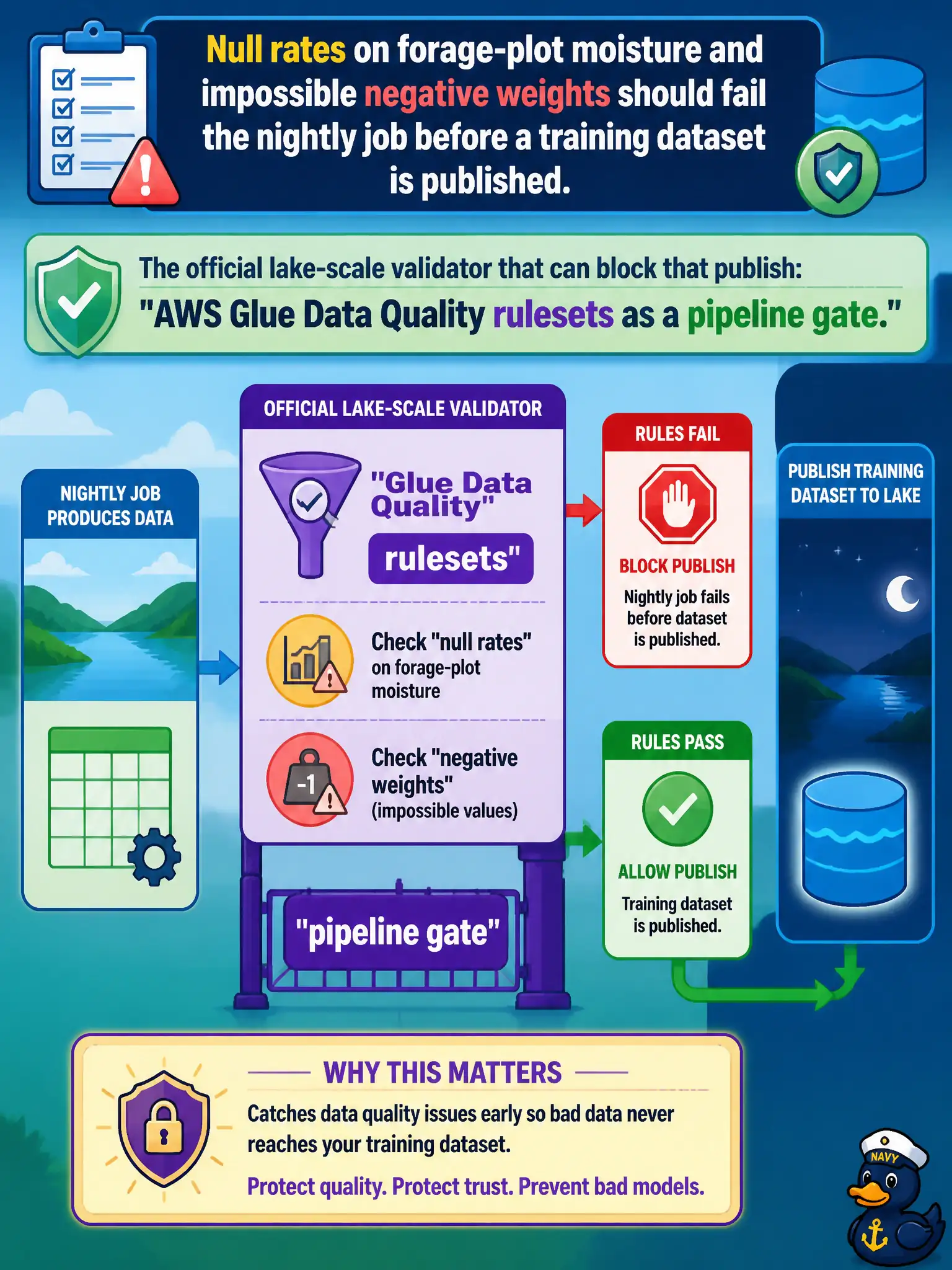 To Create an exciting colorful infographic that explains the concepts in the question: Question: Null rates on forage-plot moisture and impossible negative weights should fail the nightly job before a training dataset is published. Which official lake-scale validator can block that publish? Correct Answer: AWS Glue Data Quality rulesets as a pipeline gate. Put EVERY visible label in double quotes. No people. No A/B/C/D letters. In one of the four corners put a little "Navy Duck".