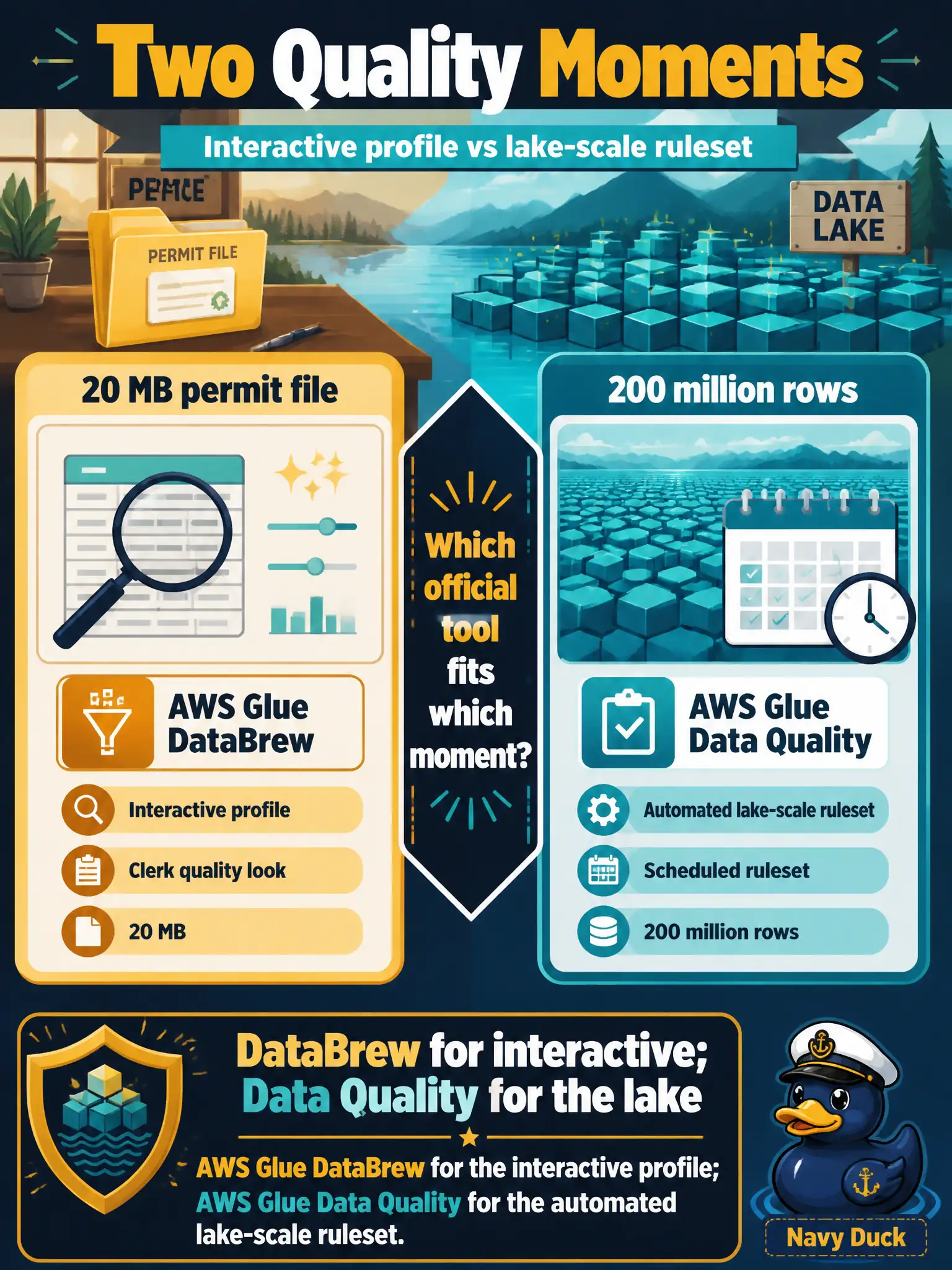 To Create an exciting colorful infographic that explains the concepts in the question: Question: A clerk wants an interactive quality look at a 20 MB permit file; the lake job needs a scheduled ruleset on 200 million rows. Which official tool fits which moment? Correct Answer: AWS Glue DataBrew for the interactive profile; AWS Glue Data Quality for the automated lake-scale ruleset. Put EVERY visible label in double quotes. No people. No A/B/C/D letters. In one of the four corners put a little "Navy Duck".