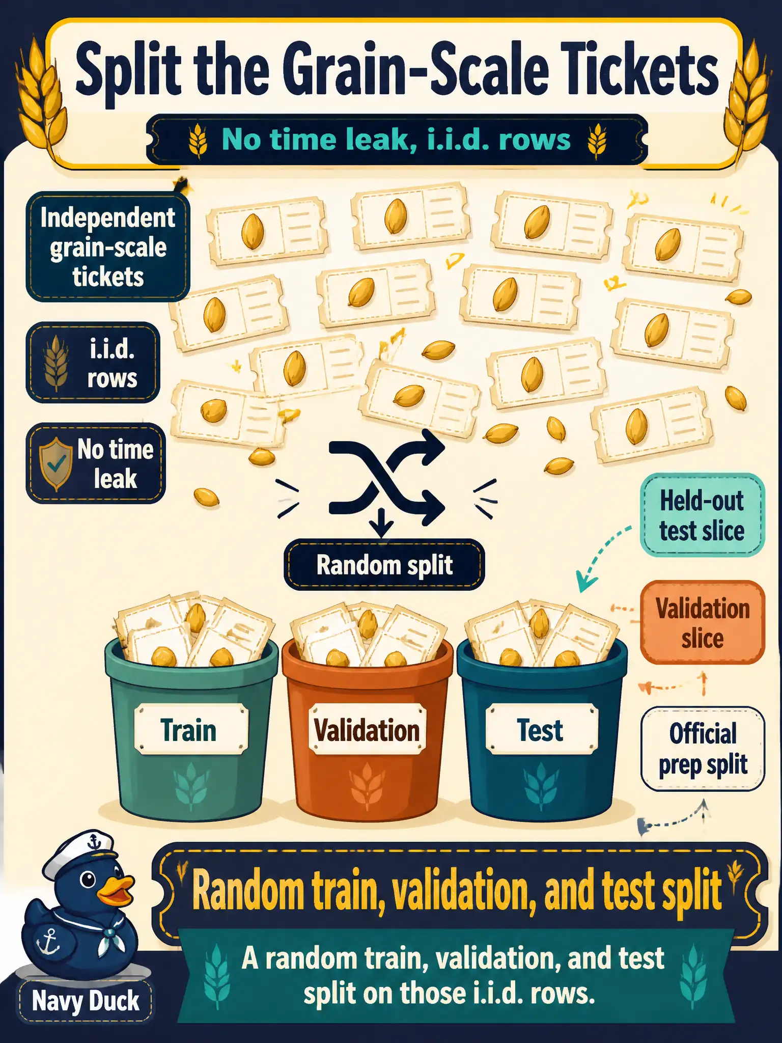 To Create an exciting colorful infographic that explains the concepts in the question: Question: Independent grain-scale tickets with no time leak need a held-out test slice and a validation slice. Which official prep split should they create? Correct Answer: A random train, validation, and test split on those i.i.d. rows. Put EVERY visible label in double quotes. No people. No A/B/C/D letters. In one of the four corners put a little "Navy Duck".