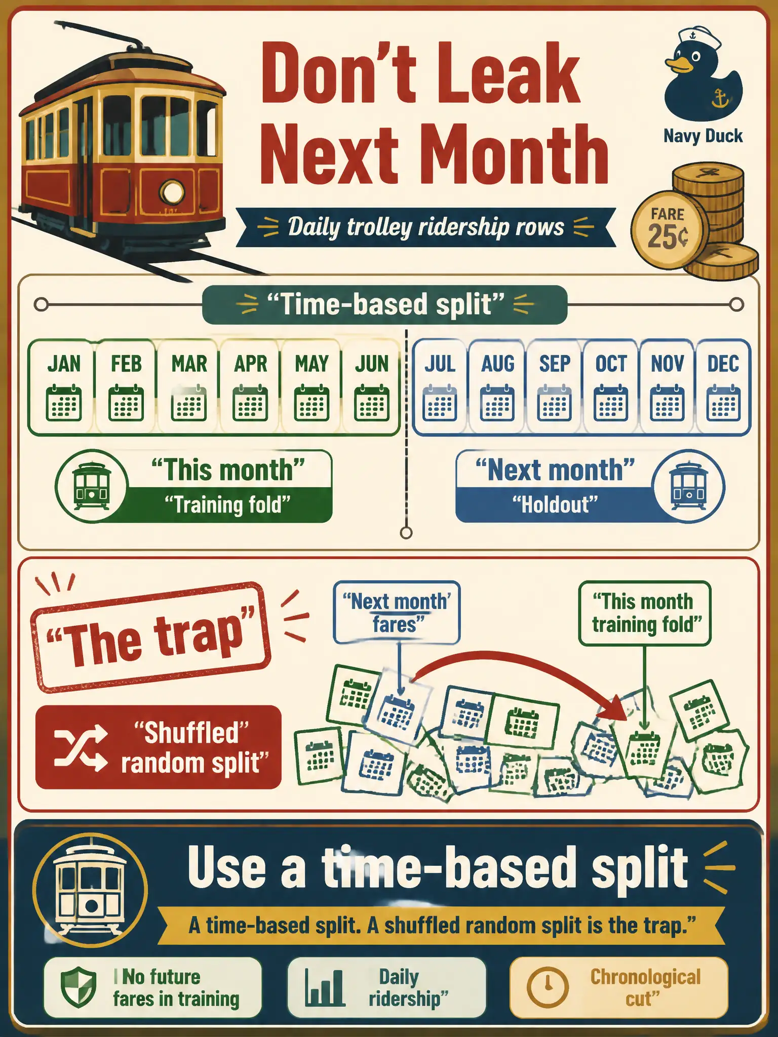 To Create an exciting colorful infographic that explains the concepts in the question: Question: Daily trolley ridership rows must not let next month’s fares appear in this month’s training fold. Which split should they use, and what is the trap? Correct Answer: A time-based split. A shuffled random split is the trap. Put EVERY visible label in double quotes. No people. No A/B/C/D letters. In one of the four corners put a little "Navy Duck".