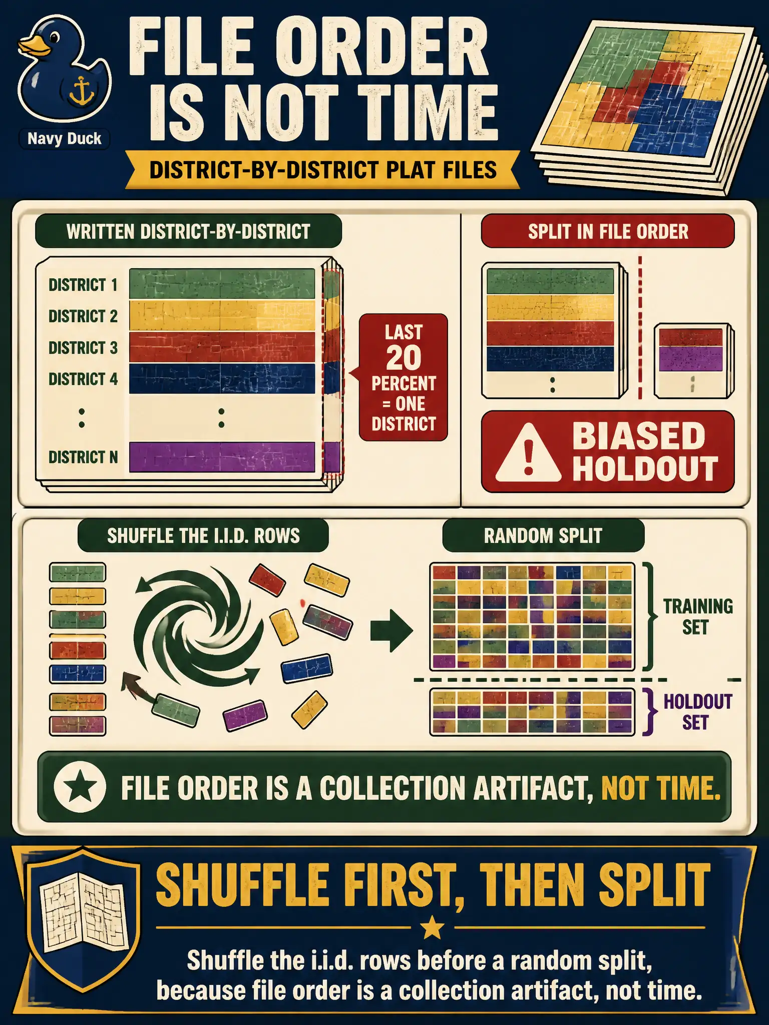 To Create an exciting colorful infographic that explains the concepts in the question: Question: Plat files were written district-by-district, so the last 20 percent is only one district. Splitting in file order creates a biased holdout. Which official prep step should they run first? Correct Answer: Shuffle the i.i.d. rows before a random split, because file order is a collection artifact, not time. Put EVERY visible label in double quotes. No people. No A/B/C/D letters. In one of the four corners put a little "Navy Duck".