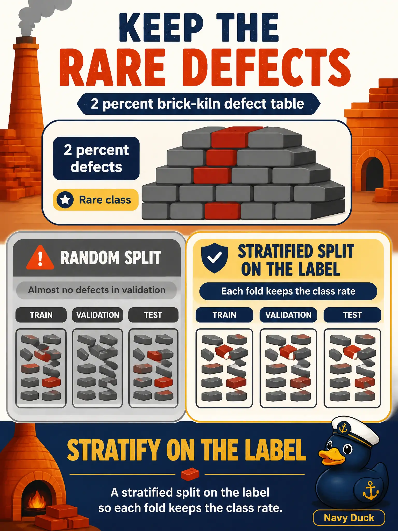 To Create an exciting colorful infographic that explains the concepts in the question: Question: A random split on a 2 percent brick-kiln defect table can put almost no defects in validation. Which split keeps the rare class in each slice? Correct Answer: A stratified split on the label so each fold keeps the class rate. Put EVERY visible label in double quotes. No people. No A/B/C/D letters. In one of the four corners put a little "Navy Duck".