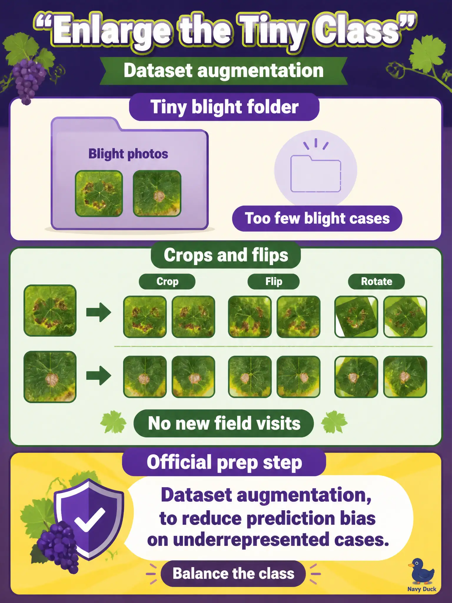 To Create an exciting colorful infographic that explains the concepts in the question: Question: The vineyard blight folder is tiny. Simple crops and flips of existing blight photos enlarge that class without new field visits. Which official prep step is that? Correct Answer: Dataset augmentation, to reduce prediction bias on underrepresented cases. Put EVERY visible label in double quotes. No people. No A/B/C/D letters. In one of the four corners put a little "Navy Duck".