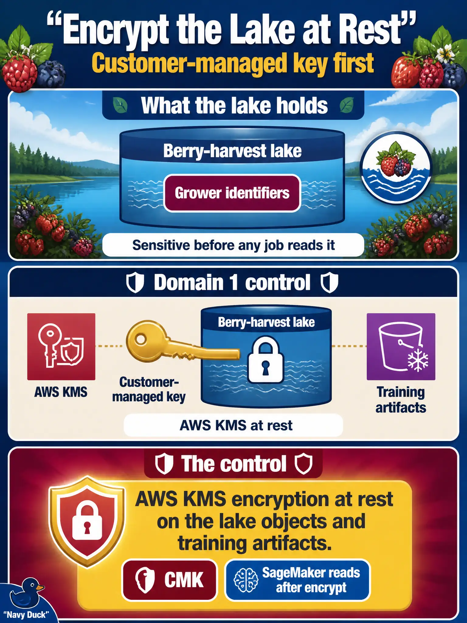 To Create an exciting colorful infographic that explains the concepts in the question: Question: The berry-harvest lake holds grower identifiers and must sit encrypted under a customer-managed key before any SageMaker job reads it. Which Domain 1 control is that? Correct Answer: AWS KMS encryption at rest on the lake objects and training artifacts. Put EVERY visible label in double quotes. No people. No A/B/C/D letters. In one of the four corners put a little "Navy Duck".