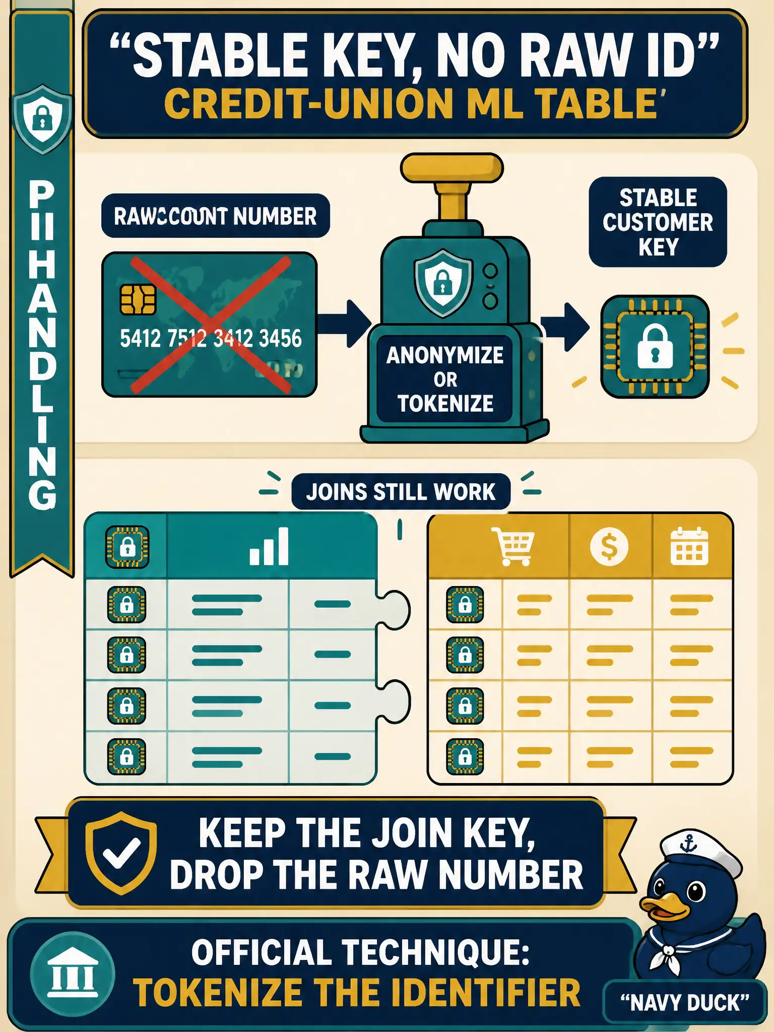 To Create an exciting colorful infographic that explains the concepts in the question: Question: A credit-union ML table still needs a stable customer key for joins but must not carry the raw account number. Which official technique should they apply? Correct Answer: Anonymize or tokenize the identifier so joins still work without the raw account number. Put EVERY visible label in double quotes. No people. No A/B/C/D letters. In one of the four corners put a little "Navy Duck".