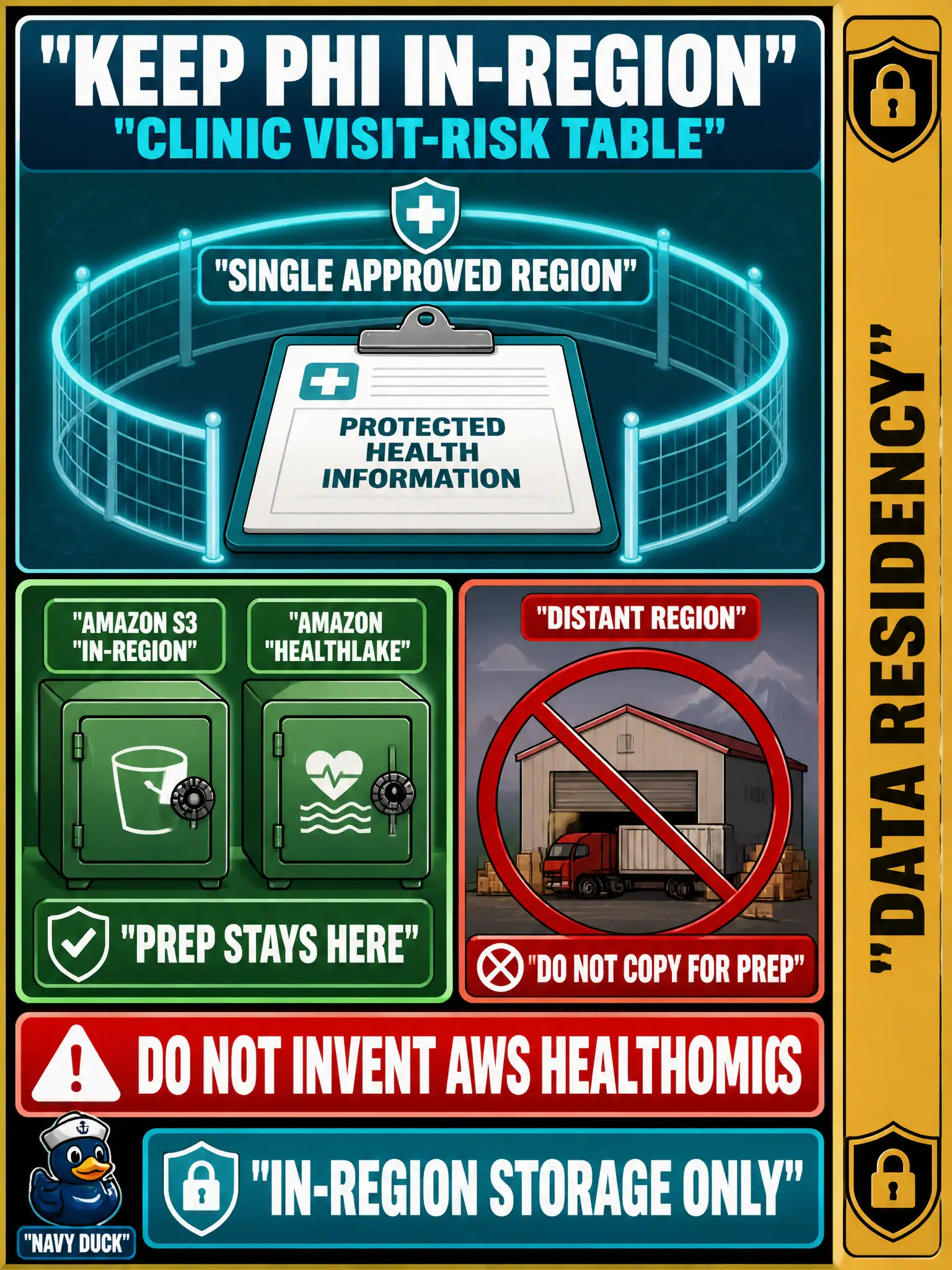 To Create an exciting colorful infographic that explains the concepts in the question: Question: A clinic’s visit-risk table includes protected health information and must remain in a single approved Region. Copying it to a cheaper distant Region for just prep is not allowed. Which handling is correct? Correct Answer: Keep the PHI in-Region, for example on in-Region Amazon S3 or Amazon HealthLake. Do not invent AWS HealthOmics. Put EVERY visible label in double quotes. No people. No A/B/C/D letters. In one of the four corners put a little "Navy Duck".