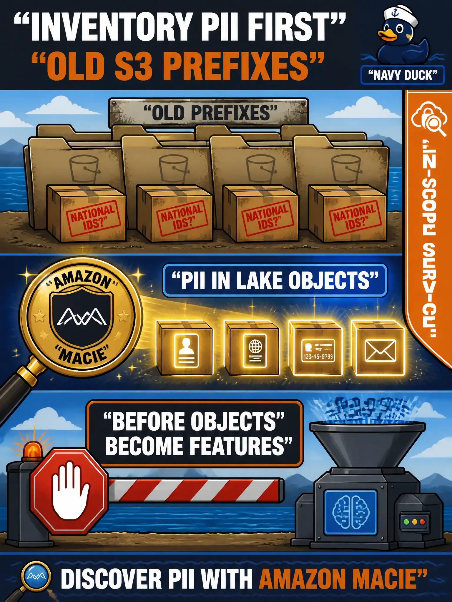 To Create an exciting colorful infographic that explains the concepts in the question: Question: Nobody is sure whether old S3 prefixes still hold national IDs. Which in-scope service should inventory that PII before the objects become features? Correct Answer: Amazon Macie, to discover PII in lake objects. Put EVERY visible label in double quotes. No people. No A/B/C/D letters. In one of the four corners put a little "Navy Duck".