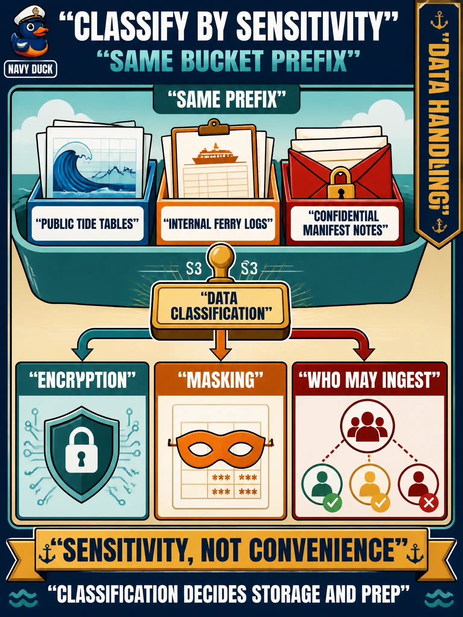 To Create an exciting colorful infographic that explains the concepts in the question: Question: Public tide tables, internal ferry logs, and confidential manifest notes sit in the same bucket prefix. What should drive encryption, masking, and who may ingest each pile? Correct Answer: Data classification: sensitivity, not convenience, decides storage and prep handling. Put EVERY visible label in double quotes. No people. No A/B/C/D letters. In one of the four corners put a little "Navy Duck".