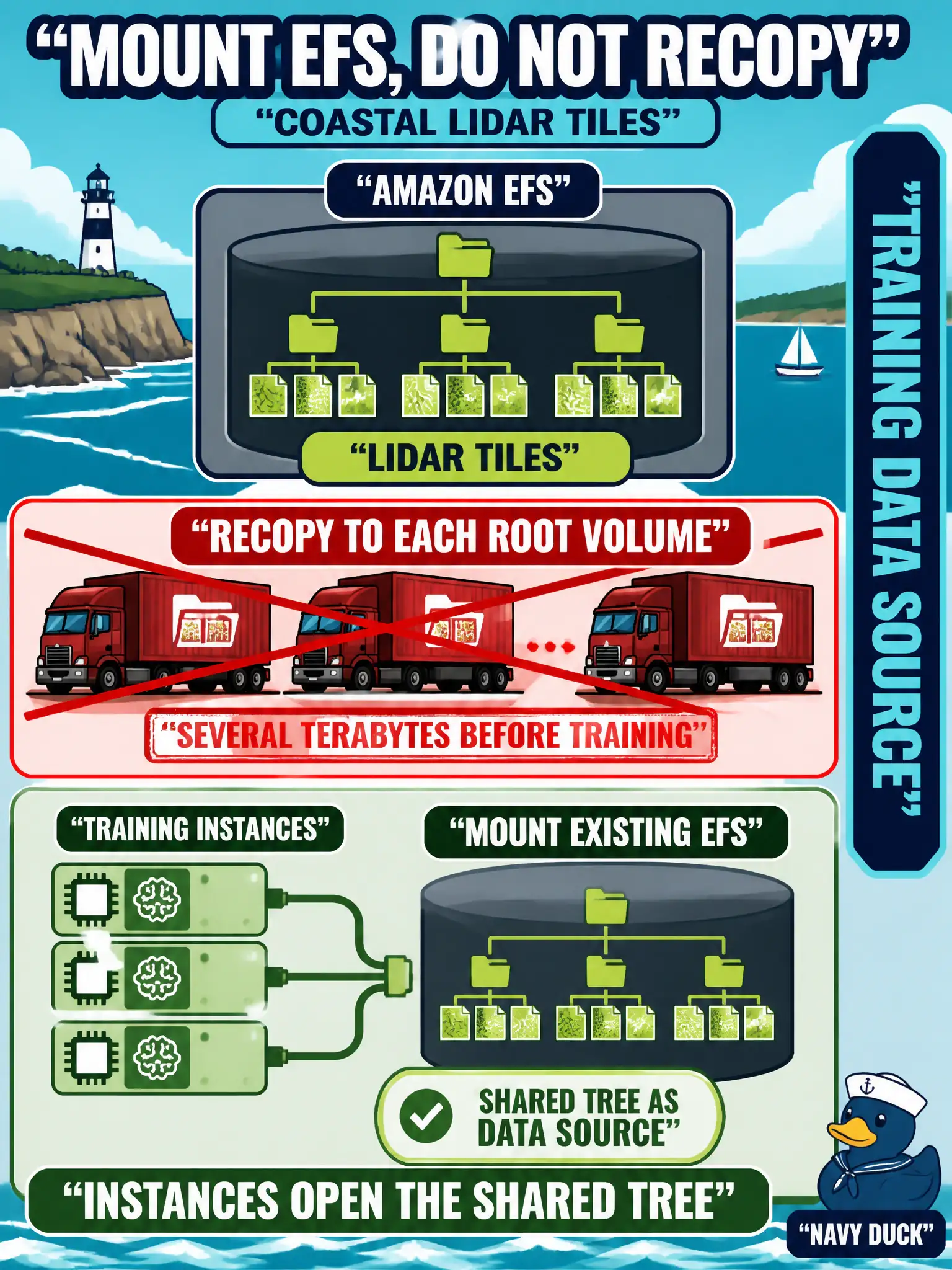 To Create an exciting colorful infographic that explains the concepts in the question: Question: Coastal lidar tiles already sit on Amazon EFS. Recopying that tree onto each SageMaker instance root volume would move several terabytes before training starts. How should the training resource read the tiles? Correct Answer: Mount the existing Amazon EFS file system as the training job data source so instances open the shared tree. Put EVERY visible label in double quotes. No people. No A/B/C/D letters. In one of the four corners put a little "Navy Duck".