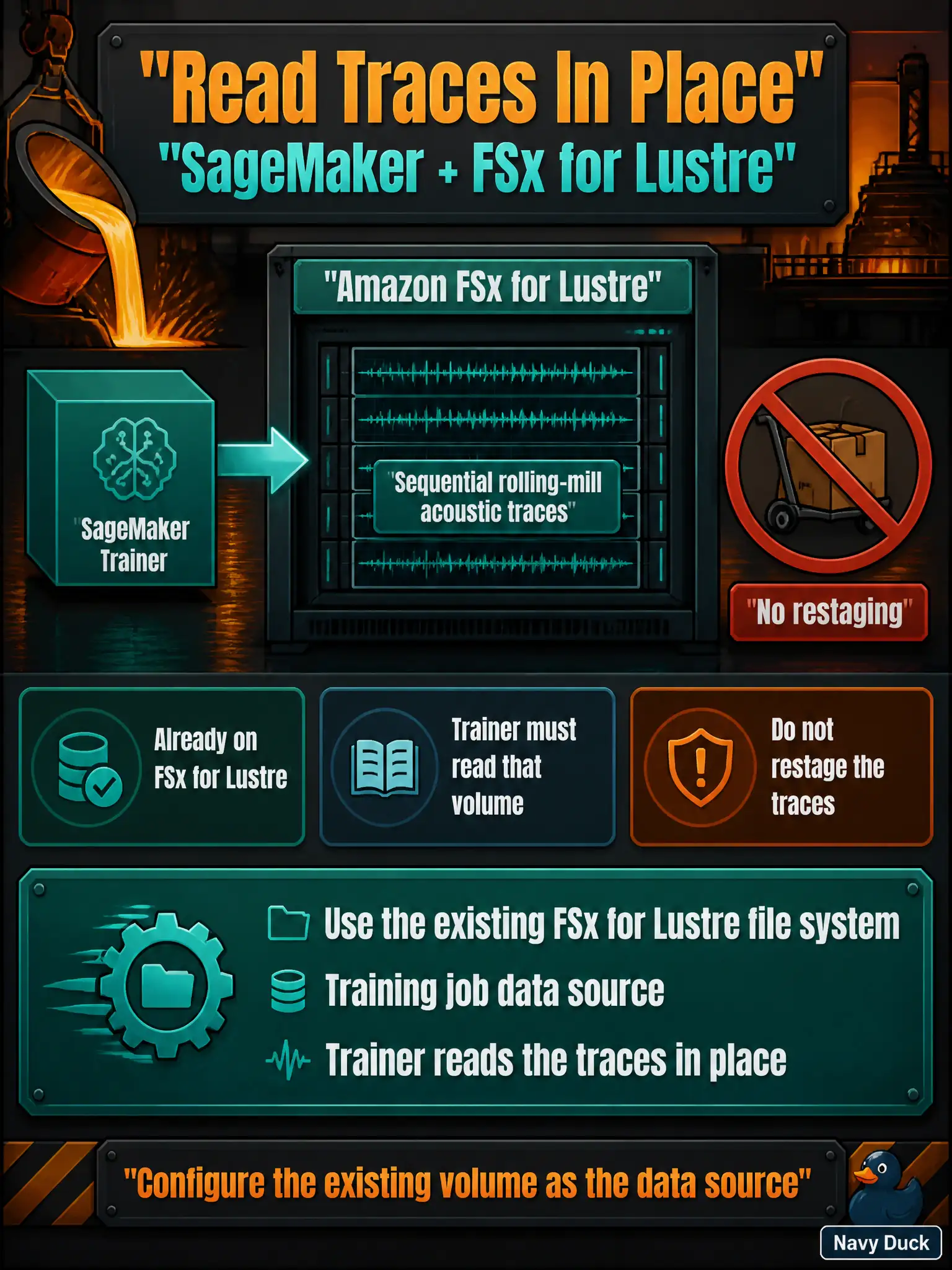 To Create an exciting colorful infographic that explains the concepts in the question: Question: A high-throughput Amazon FSx for Lustre file system already holds sequential rolling-mill acoustic traces. The team needs the SageMaker trainer to read that volume instead of restaging the traces. What should they configure? Correct Answer: Use the existing Amazon FSx for Lustre file system as the training job data source so the trainer reads the traces in place. Put EVERY visible label in double quotes. No people. No A/B/C/D letters. In one of the four corners put a little "Navy Duck".
