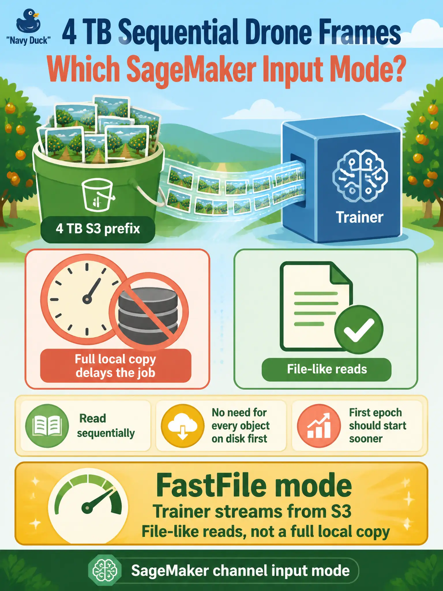 To Create an exciting colorful infographic that explains the concepts in the question: Question: A 4 TB S3 prefix of orchard drone frames is read sequentially. The algorithm does not need every object on local disk before the first epoch, and a full copy delays the job. Which SageMaker channel input mode fits? Correct Answer: FastFile mode, so the trainer streams from S3 with file-like reads instead of waiting for a full local copy. Put EVERY visible label in double quotes. No people. No A/B/C/D letters. In one of the four corners put a little "Navy Duck".