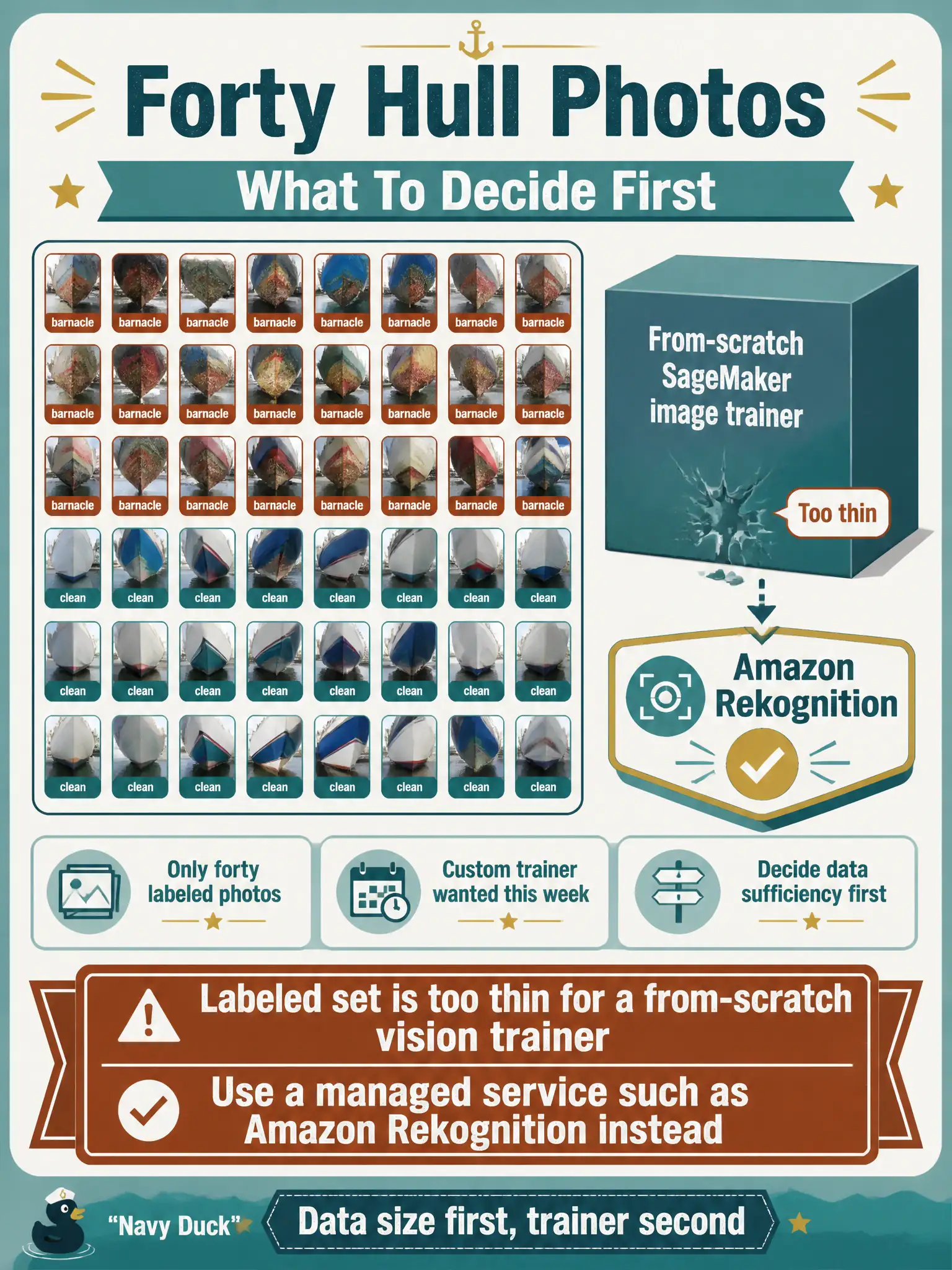 To Create an exciting colorful infographic that explains the concepts in the question: Question: A marina has forty hull photos tagged barnacle or clean and wants a custom SageMaker image trainer this week. What should the ML engineer decide first? Correct Answer: Treat the labeled set as too thin for a from-scratch vision trainer and use a managed service such as Amazon Rekognition instead. Put EVERY visible label in double quotes. No people. No A/B/C/D letters. In one of the four corners put a little "Navy Duck".