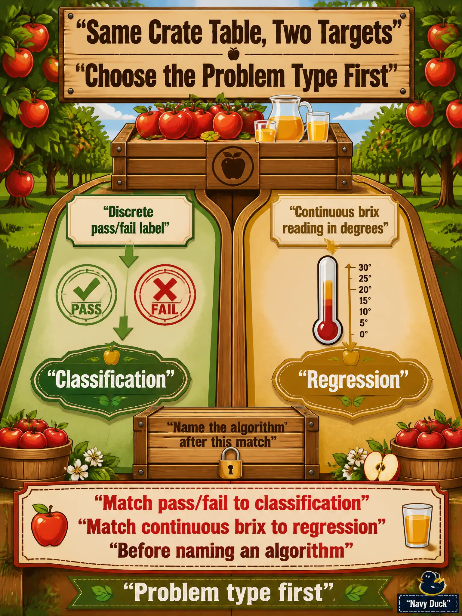 To Create an exciting colorful infographic that explains the concepts in the question: Question: The same orchard crate table can predict whether a crate will pass inspection or the continuous brix reading in degrees. What modeling choice comes first? Correct Answer: Match the discrete pass/fail label to classification and the continuous brix target to regression before naming an algorithm. Put EVERY visible label in double quotes. No people. No A/B/C/D letters. In one of the four corners put a little "Navy Duck".