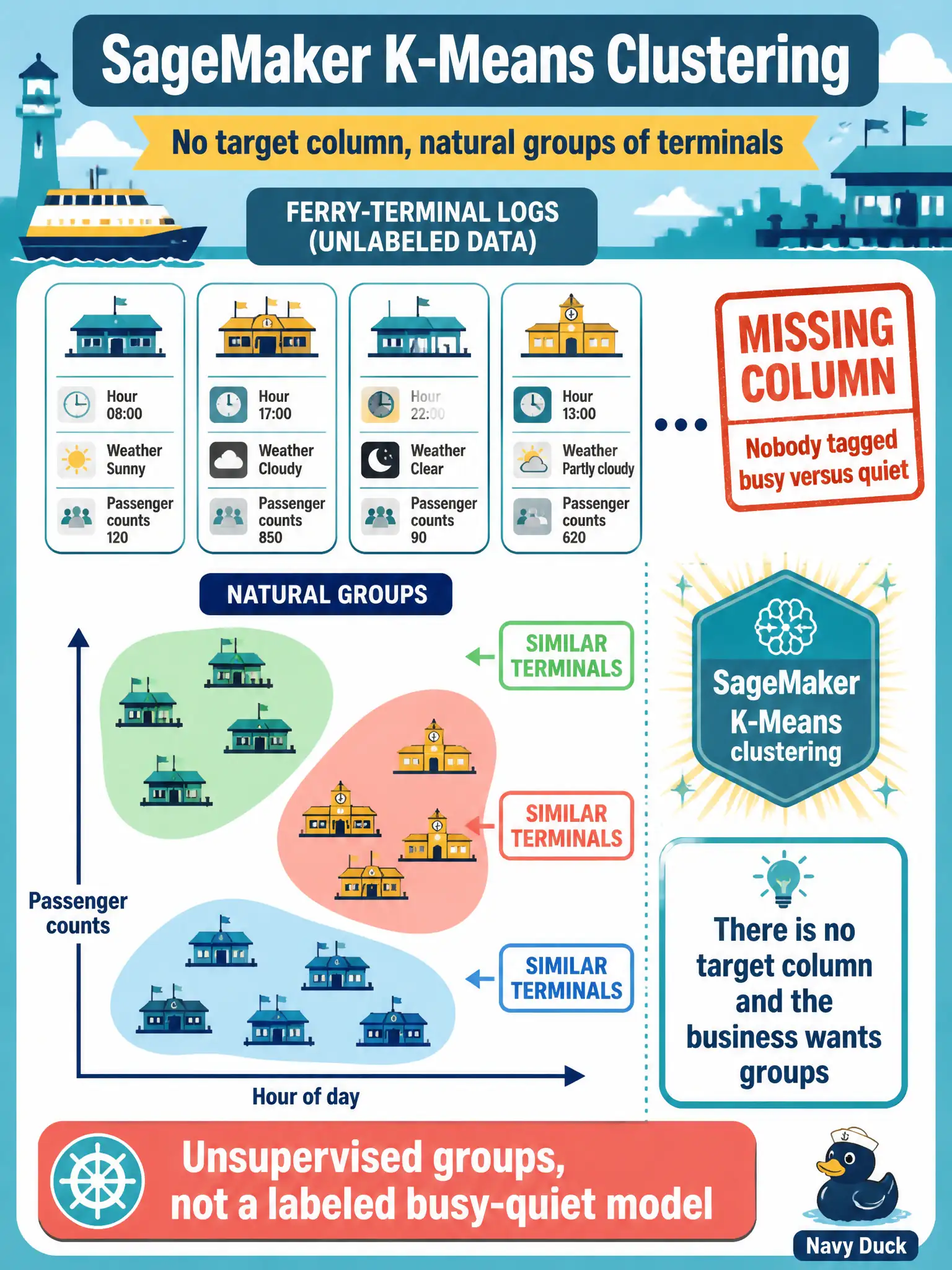 To Create an exciting colorful infographic that explains the concepts in the question: Question: Ferry-terminal logs have hour, weather, and passenger counts, but nobody tagged busy versus quiet. Staff want natural groups of similar terminals. Which approach fits? Correct Answer: SageMaker K-Means clustering, because there is no target column and the business wants groups. Put EVERY visible label in double quotes. No people. No A/B/C/D letters. In one of the four corners put a little "Navy Duck".