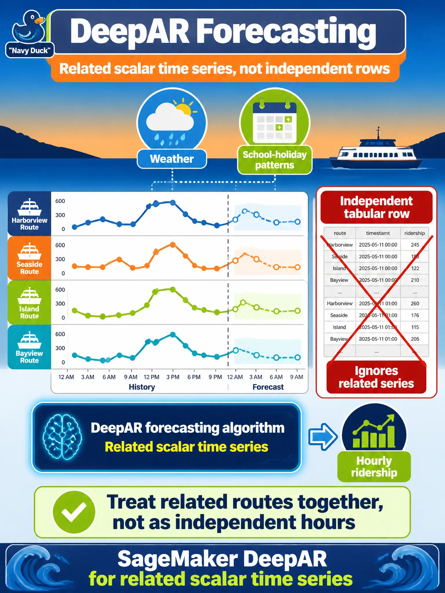 To Create an exciting colorful infographic that explains the concepts in the question: Question: Several related ferry routes log hourly ridership that shares weather and school-holiday patterns. Treating each hour as an independent tabular row ignores that related series. Which SageMaker algorithm fits? Correct Answer: The DeepAR forecasting algorithm, for related scalar time series. Put EVERY visible label in double quotes. No people. No A/B/C/D letters. In one of the four corners put a little "Navy Duck".
