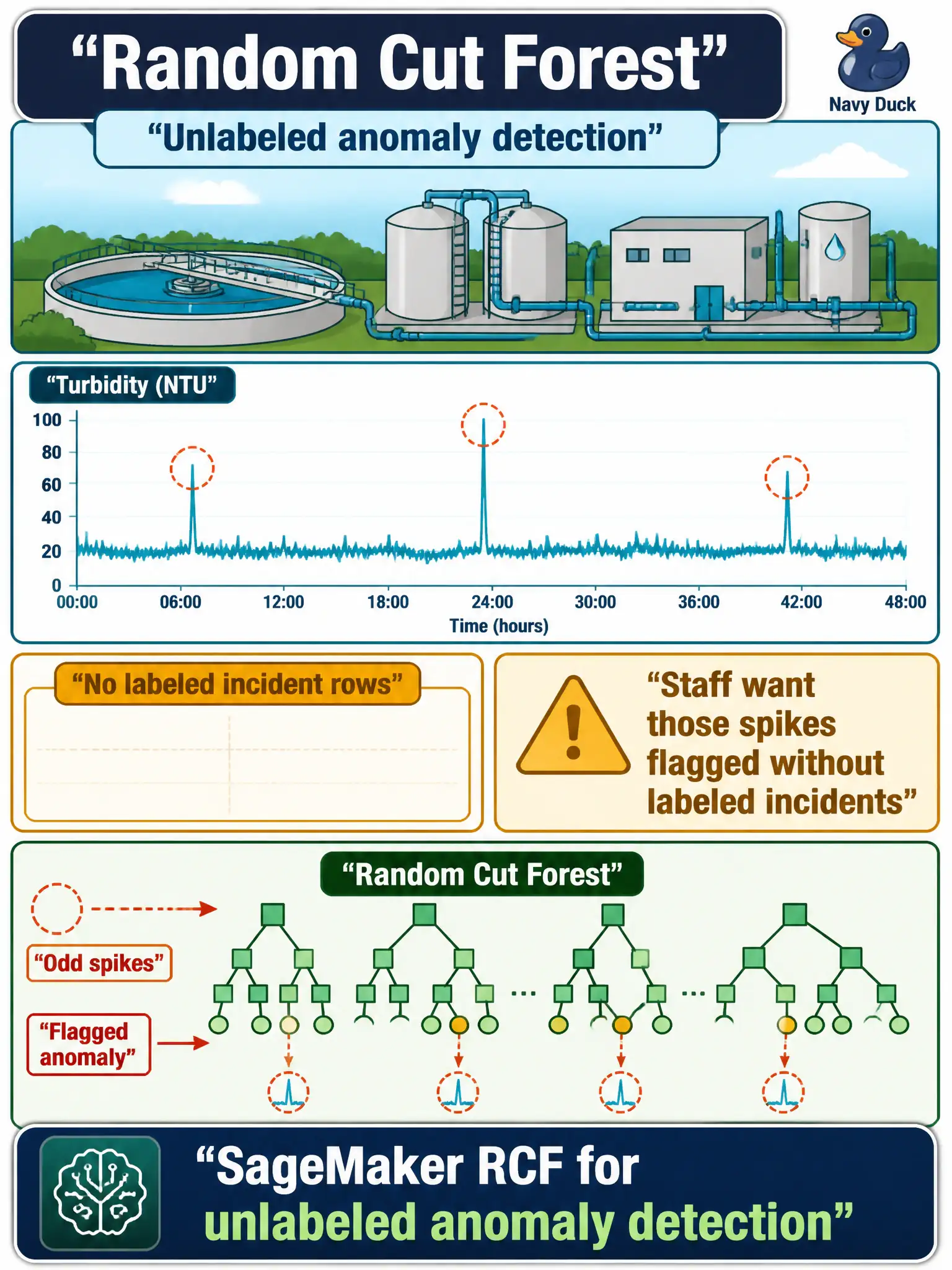 To Create an exciting colorful infographic that explains the concepts in the question: Question: A water-treatment plant has a long turbidity trace and a few odd spikes, but no labeled incident rows. Staff want those spikes flagged. Which SageMaker algorithm fits? Correct Answer: Random Cut Forest, for unlabeled anomaly detection. Put EVERY visible label in double quotes. No people. No A/B/C/D letters. In one of the four corners put a little "Navy Duck".