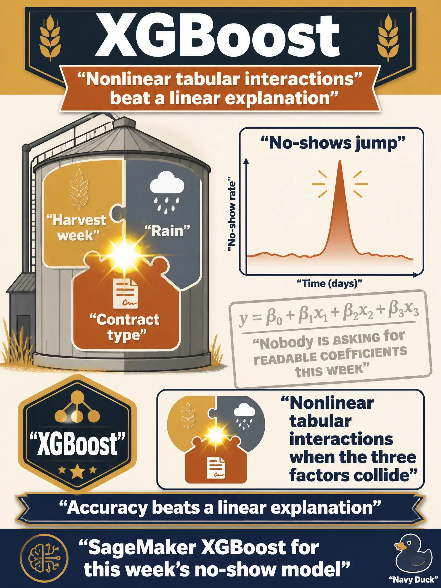 To Create an exciting colorful infographic that explains the concepts in the question: Question: Grain-elevator no-shows jump only when harvest week, rain, and contract type collide. Nobody is asking for readable coefficients this week. Which SageMaker algorithm fits? Correct Answer: XGBoost, for nonlinear tabular interactions when accuracy beats a linear explanation. Put EVERY visible label in double quotes. No people. No A/B/C/D letters. In one of the four corners put a little "Navy Duck".
