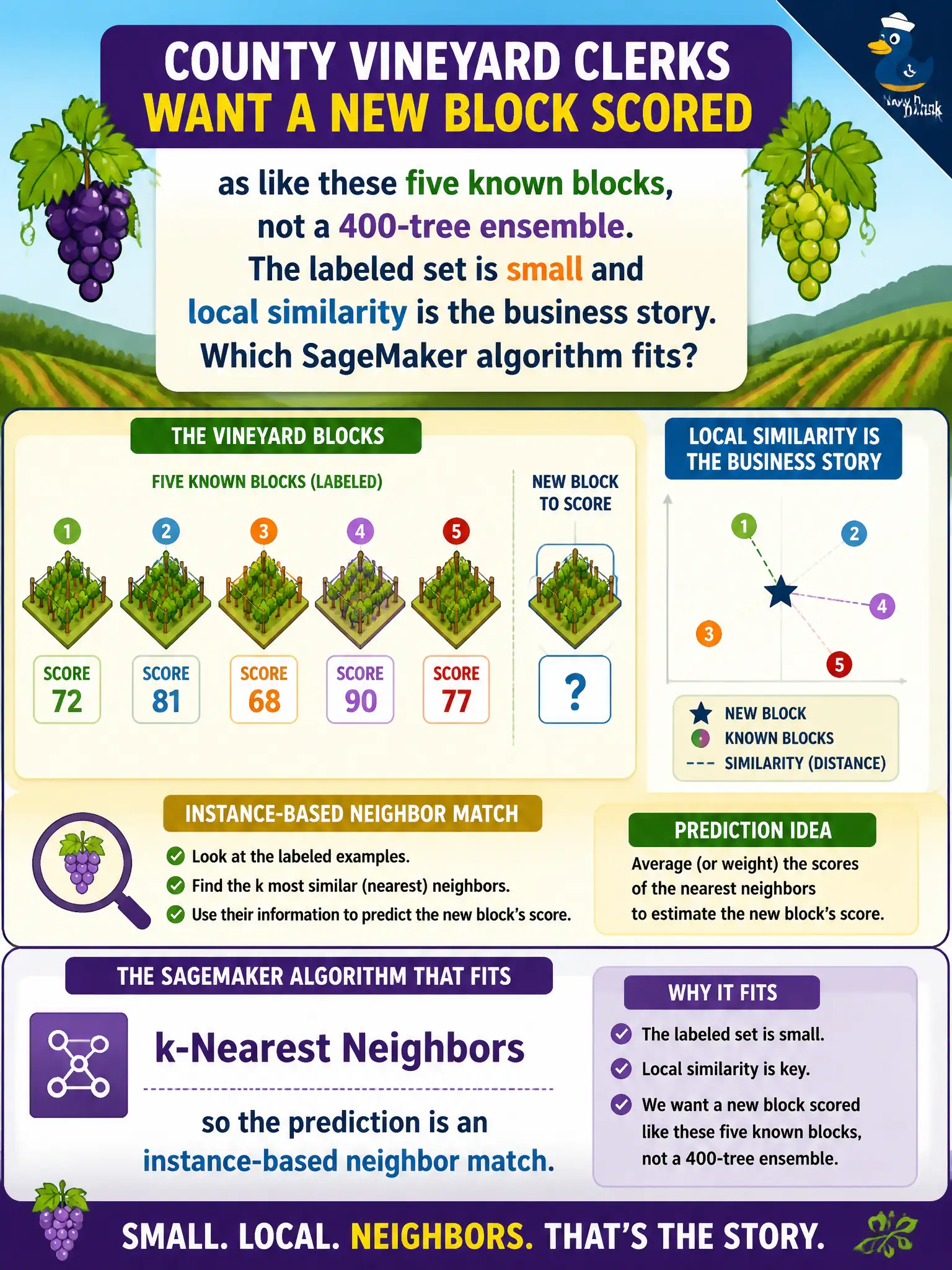 To Create an exciting colorful infographic that explains the concepts in the question: Question: County vineyard clerks want a new block scored as like these five known blocks, not a 400-tree ensemble. The labeled set is small and local similarity is the business story. Which SageMaker algorithm fits? Correct Answer: k-Nearest Neighbors, so the prediction is an instance-based neighbor match. Put EVERY visible label in double quotes. No people. No A/B/C/D letters. In one of the four corners put a little "Navy Duck".