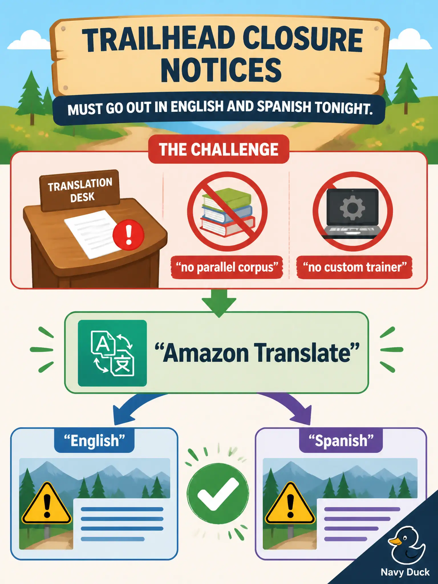 To Create an exciting colorful infographic that explains the concepts in the question: Question: Trailhead closure notices must go out in English and Spanish tonight. The desk has no parallel corpus and no week to train a sequence-to-sequence model. Which service fits? Correct Answer: Amazon Translate, for a common translation need instead of a custom machine-translation trainer. Put EVERY visible label in double quotes. No people. No A/B/C/D letters. In one of the four corners put a little "Navy Duck".