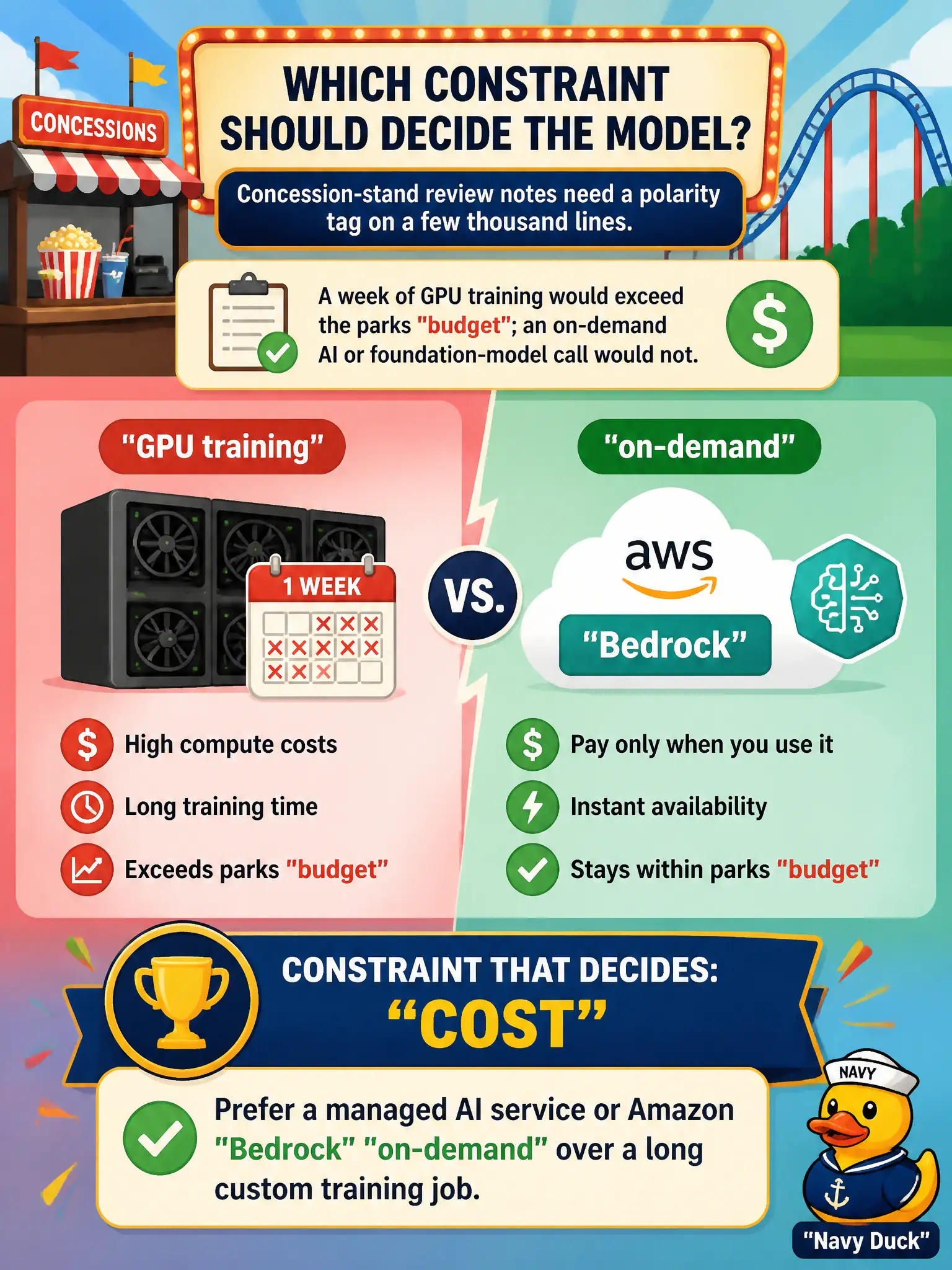 To Create an exciting colorful infographic that explains the concepts in the question: Question: Concession-stand review notes need a polarity tag on a few thousand lines. A week of GPU training would exceed the parks budget; an on-demand AI or foundation-model call would not. Which constraint should decide the model? Correct Answer: Cost. Prefer a managed AI service or Amazon Bedrock on-demand over a long custom training job. Put EVERY visible label in double quotes. No people. No A/B/C/D letters. In one of the four corners put a little "Navy Duck".