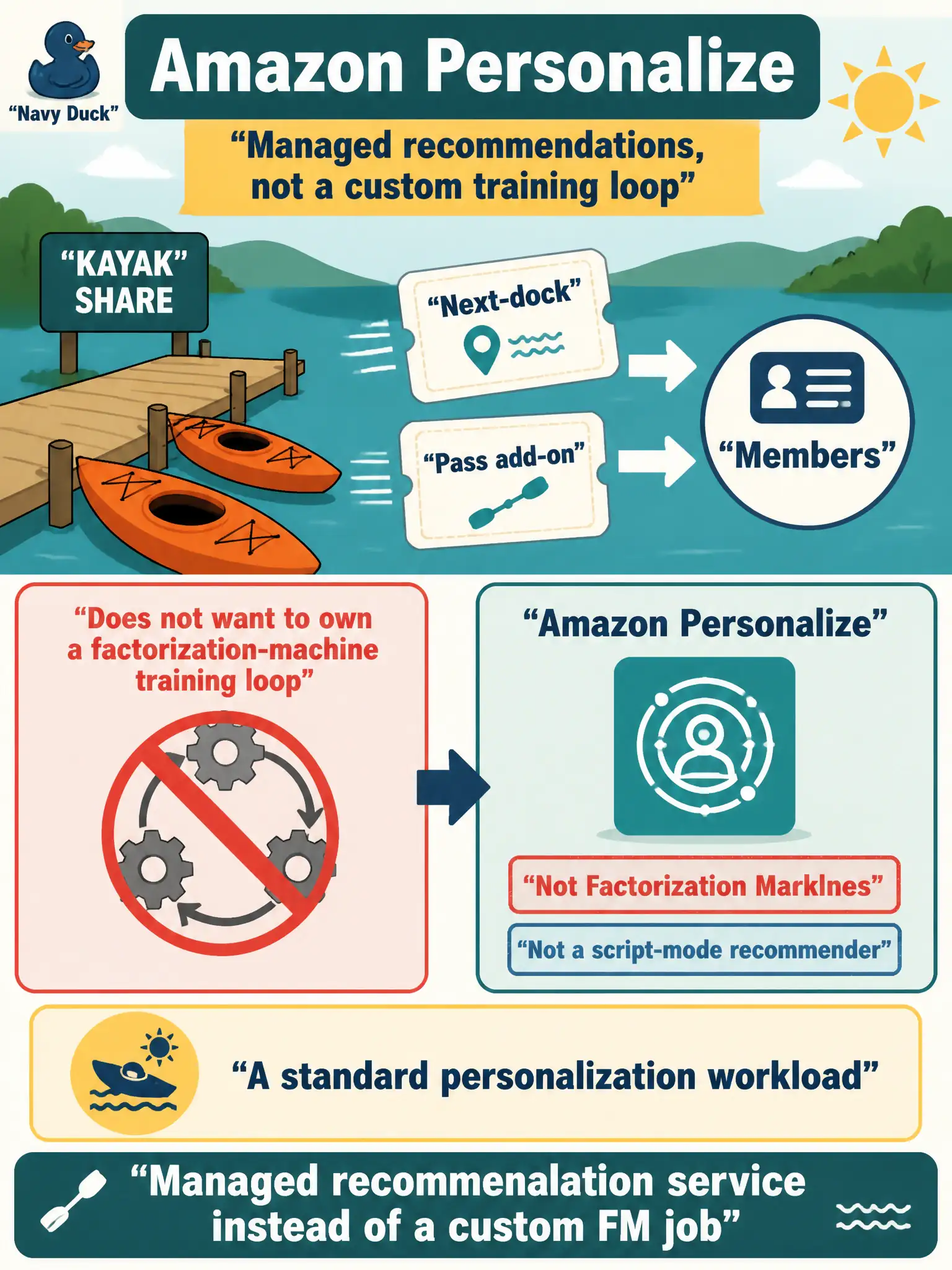 To Create an exciting colorful infographic that explains the concepts in the question: Question: A municipal kayak-share wants next-dock or pass add-on suggestions for members and does not want to own a factorization-machine training loop. The need is a standard personalization workload. Which service fits? Correct Answer: Amazon Personalize, for a managed recommendation workload instead of a custom Factorization Machines or script-mode recommender. Put EVERY visible label in double quotes. No people. No A/B/C/D letters. In one of the four corners put a little "Navy Duck".