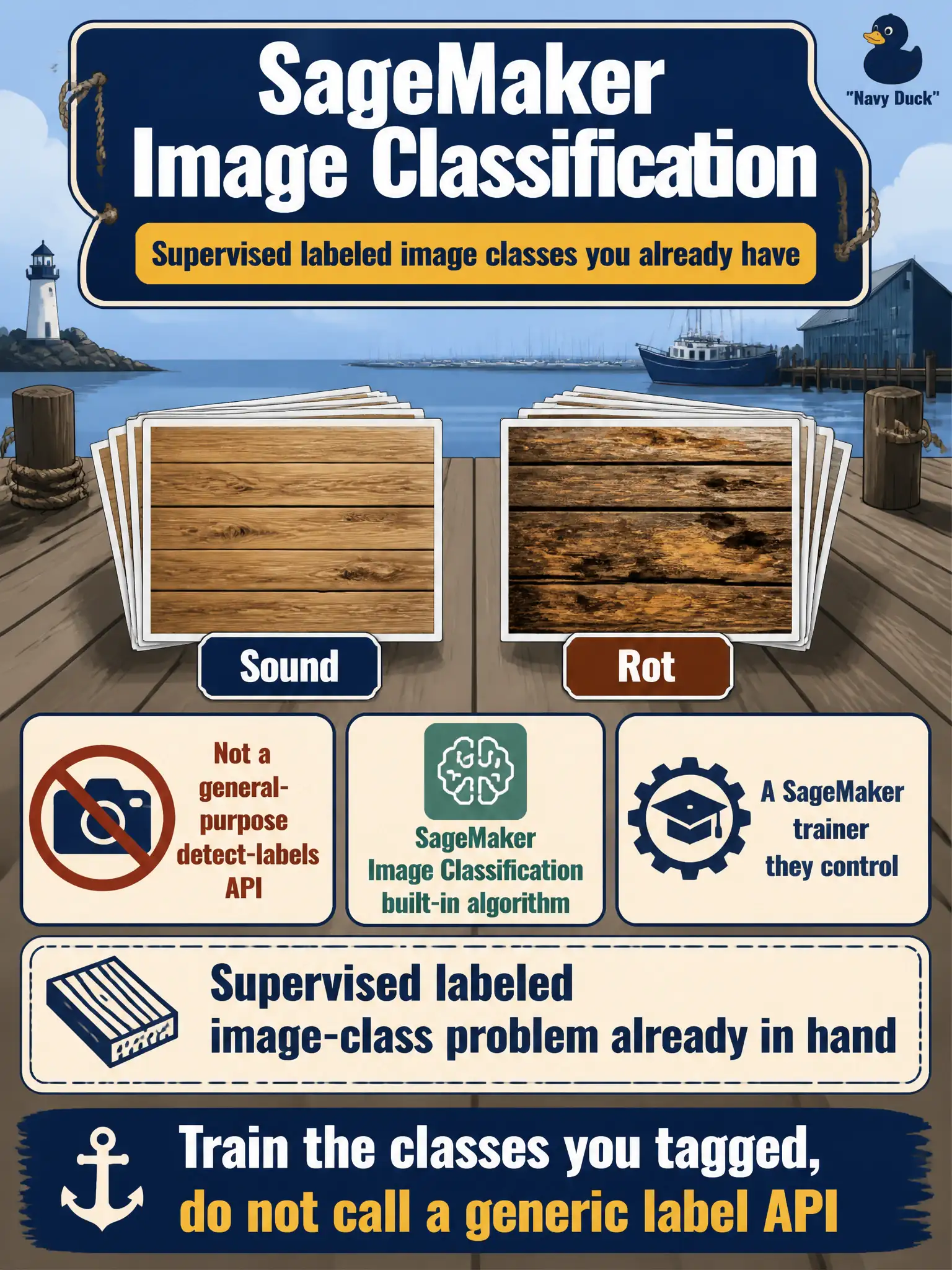 To Create an exciting colorful infographic that explains the concepts in the question: Question: Harbor inspectors already tagged eight thousand dock-plank photos sound versus rot. They want a SageMaker trainer they control, not a general-purpose detect-labels API. Which algorithm fits? Correct Answer: The SageMaker Image Classification built-in algorithm, for a supervised labeled image-class problem already in hand. Put EVERY visible label in double quotes. No people. No A/B/C/D letters. In one of the four corners put a little "Navy Duck".