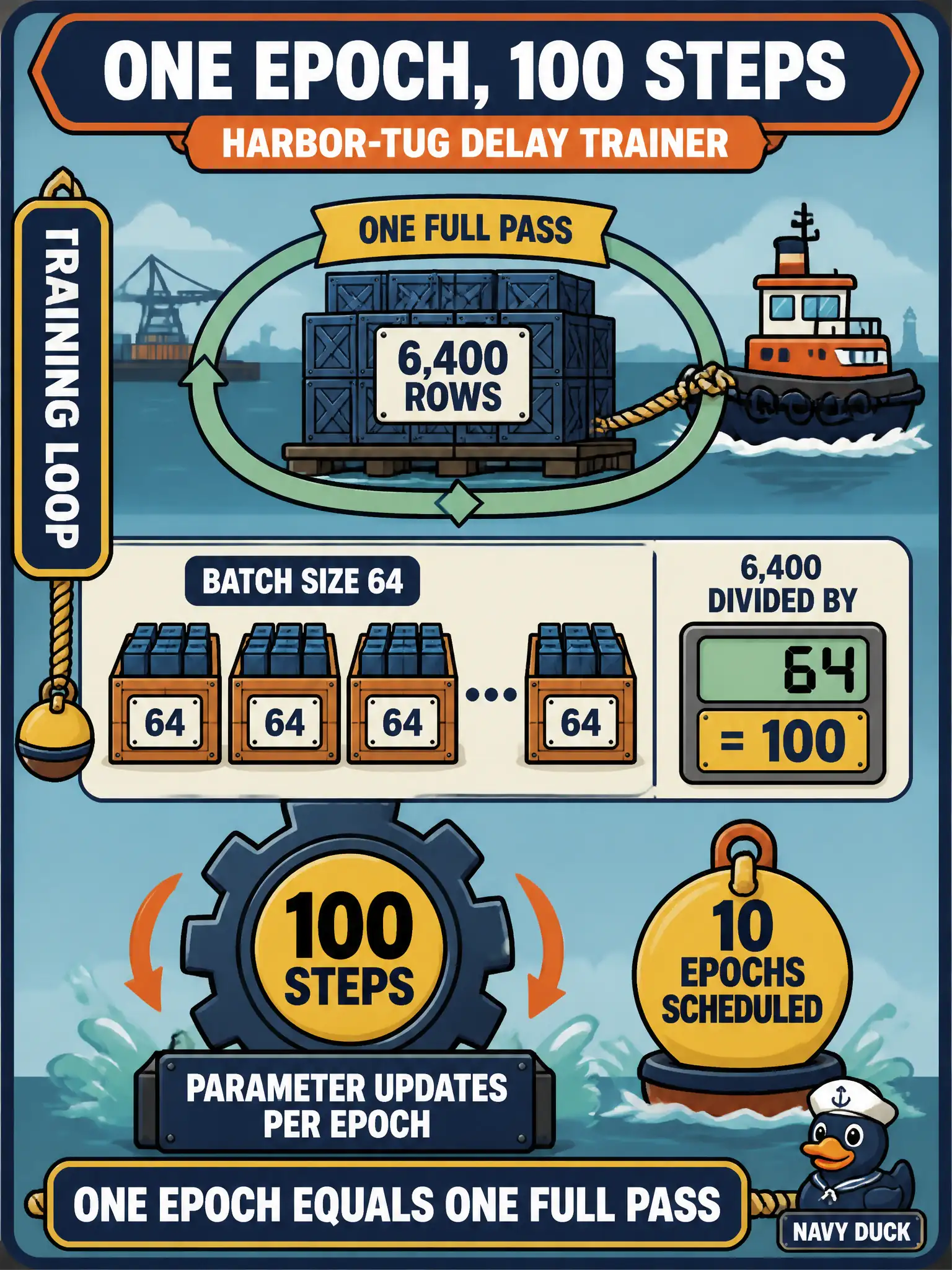 To Create an exciting colorful infographic that explains the concepts in the question: Question: A harbor-tug delay trainer runs 10 epochs with batch size 64 on 6,400 rows. What is one epoch, and how many parameter updates occur in each epoch? Correct Answer: One epoch is one full pass through the 6,400 rows, and each epoch has 100 steps at batch size 64. Put EVERY visible label in double quotes. No people. No A/B/C/D letters. In one of the four corners put a little "Navy Duck".