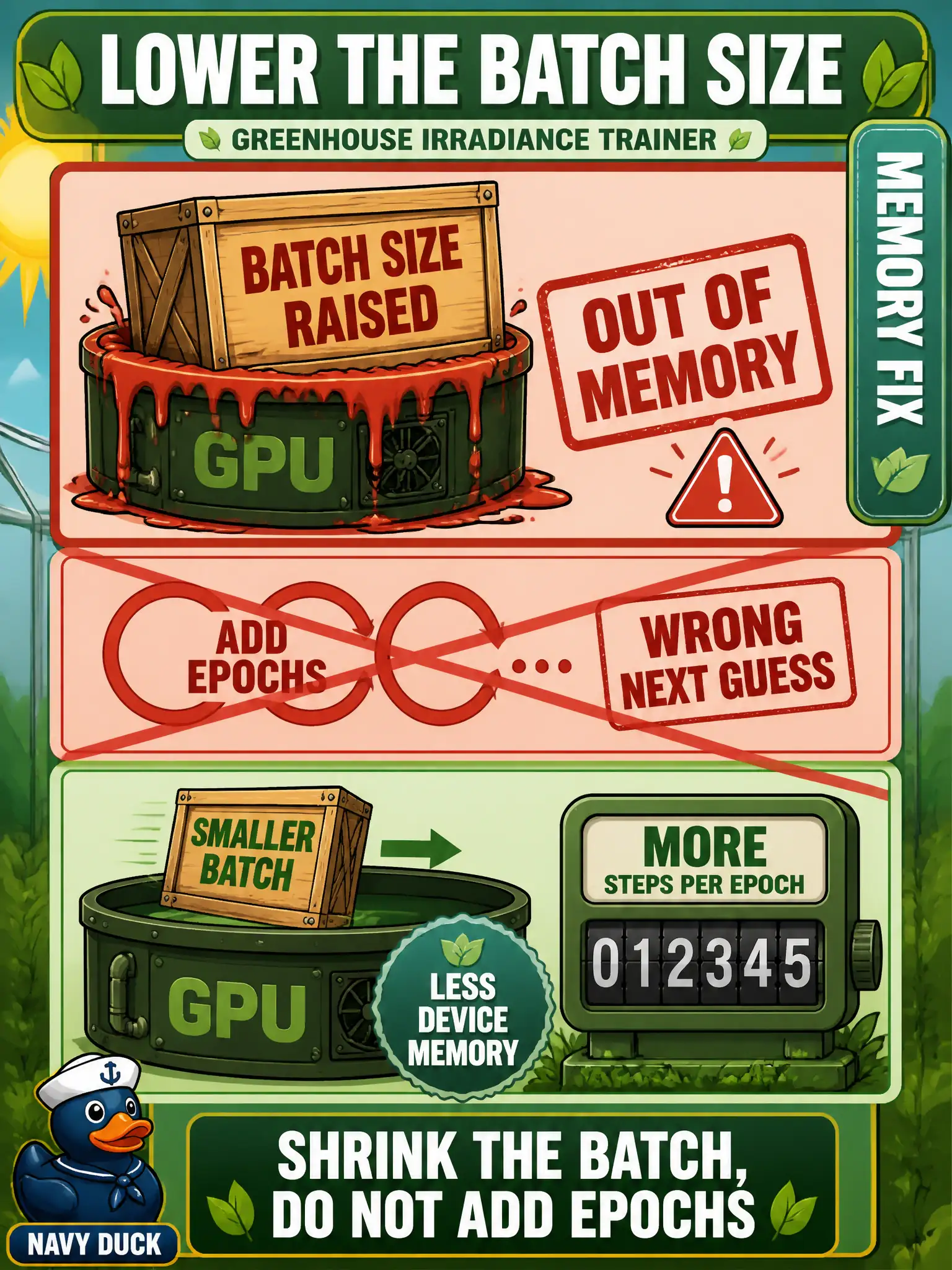 To Create an exciting colorful infographic that explains the concepts in the question: Question: A greenhouse irradiance trainer dies with an out-of-memory error after the batch size is raised to speed the job. The next guess is to add epochs. What should change instead? Correct Answer: Lower the batch size. A smaller batch uses less device memory and increases steps per epoch. Put EVERY visible label in double quotes. No people. No A/B/C/D letters. In one of the four corners put a little "Navy Duck".