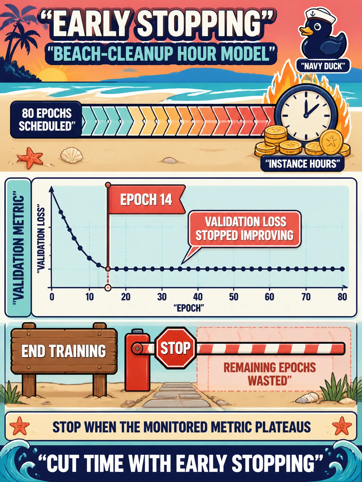To Create an exciting colorful infographic that explains the concepts in the question: Question: A beach-cleanup hour model is scheduled for 80 epochs, and validation loss stopped improving at epoch 14. The job is still burning instance hours. What should cut that time? Correct Answer: Early stopping, so training ends once the monitored validation metric plateaus. Put EVERY visible label in double quotes. No people. No A/B/C/D letters. In one of the four corners put a little "Navy Duck".