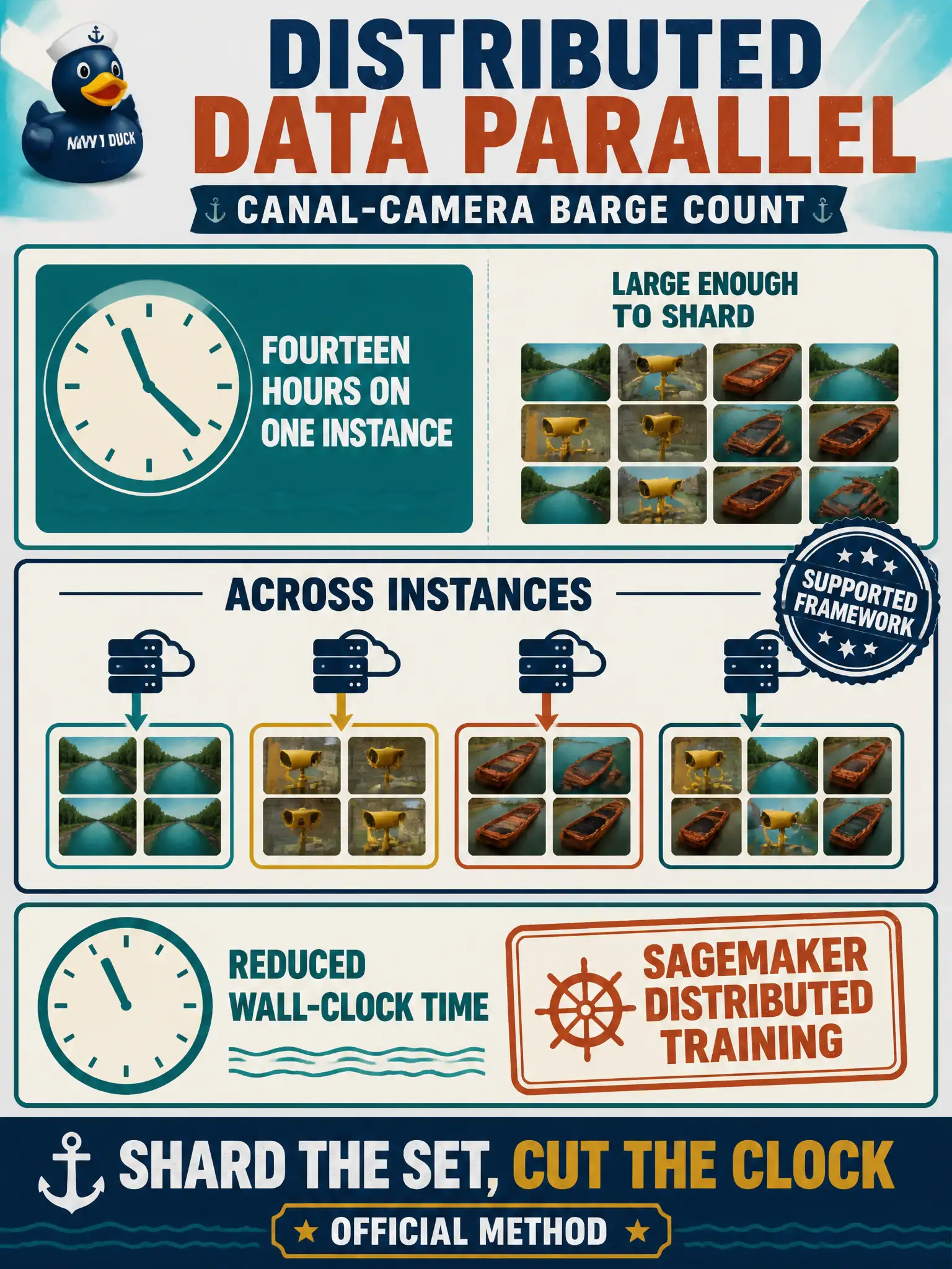 To Create an exciting colorful infographic that explains the concepts in the question: Question: Canal-camera barge-count images take fourteen hours on one instance. The code already uses a supported framework and the set is large enough to shard. Which official method cuts that wall-clock time? Correct Answer: SageMaker distributed training (data parallel across instances) to reduce training time. Put EVERY visible label in double quotes. No people. No A/B/C/D letters. In one of the four corners put a little "Navy Duck".