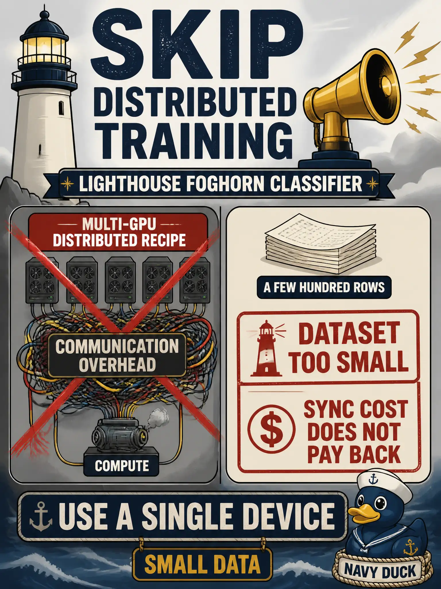To Create an exciting colorful infographic that explains the concepts in the question: Question: A lighthouse-foghorn classifier has a few hundred rows. An engineer copies a multi-GPU distributed recipe from a larger job and watches communication overhead exceed compute. What should they do? Correct Answer: Skip distributed training. The dataset is too small for the synchronization cost to pay back. Put EVERY visible label in double quotes. No people. No A/B/C/D letters. In one of the four corners put a little "Navy Duck".