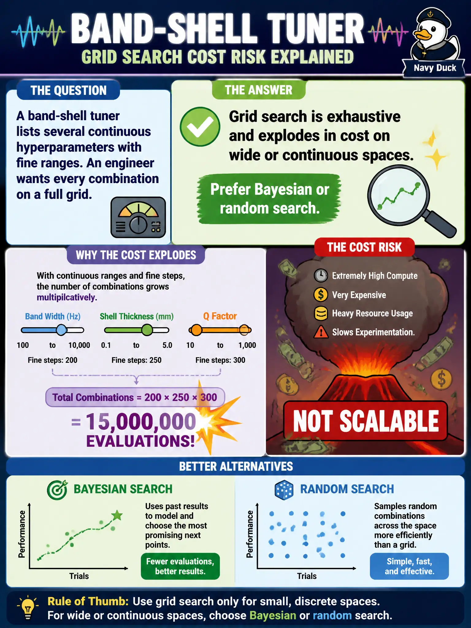 To Create an exciting colorful infographic that explains the concepts in the question: Question: A band-shell tuner lists several continuous hyperparameters with fine ranges. An engineer wants every combination on a full grid. What is the cost risk? Correct Answer: Grid search is exhaustive and explodes in cost on wide or continuous spaces. Prefer Bayesian or random search. Put EVERY visible label in double quotes. No people. No A/B/C/D letters. In one of the four corners put a little "Navy Duck".