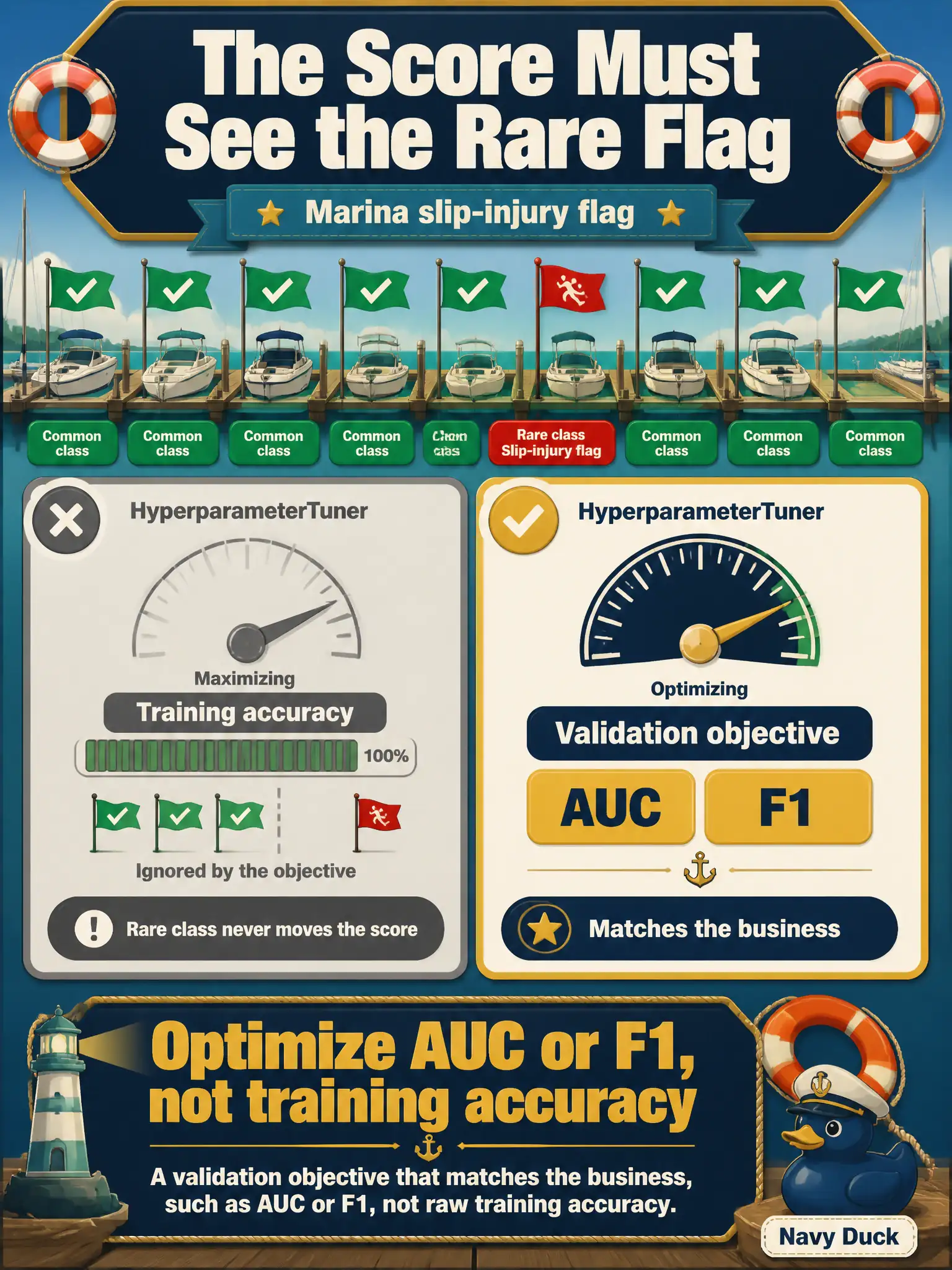 To Create an exciting colorful infographic that explains the concepts in the question: Question: A marina slip-injury flag is a rare class, and the HyperparameterTuner is maximizing training accuracy. The rare class never moves the score. What should the tuner optimize instead? Correct Answer: A validation objective that matches the business, such as AUC or F1, not raw training accuracy. Put EVERY visible label in double quotes. No people. No A/B/C/D letters. In one of the four corners put a little "Navy Duck".