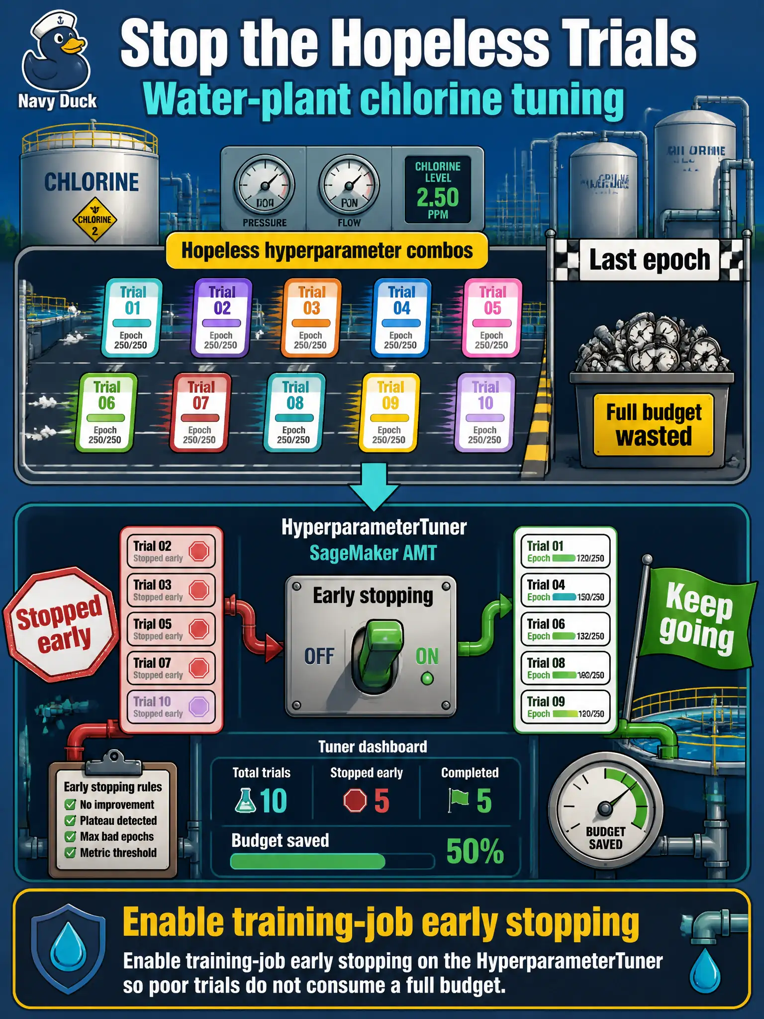 To Create an exciting colorful infographic that explains the concepts in the question: Question: A water-plant chlorine tuning job launches many hopeless hyperparameter combos that run to the last epoch. How can SageMaker AMT cut that waste? Correct Answer: Enable training-job early stopping on the HyperparameterTuner so poor trials do not consume a full budget. Put EVERY visible label in double quotes. No people. No A/B/C/D letters. In one of the four corners put a little "Navy Duck".