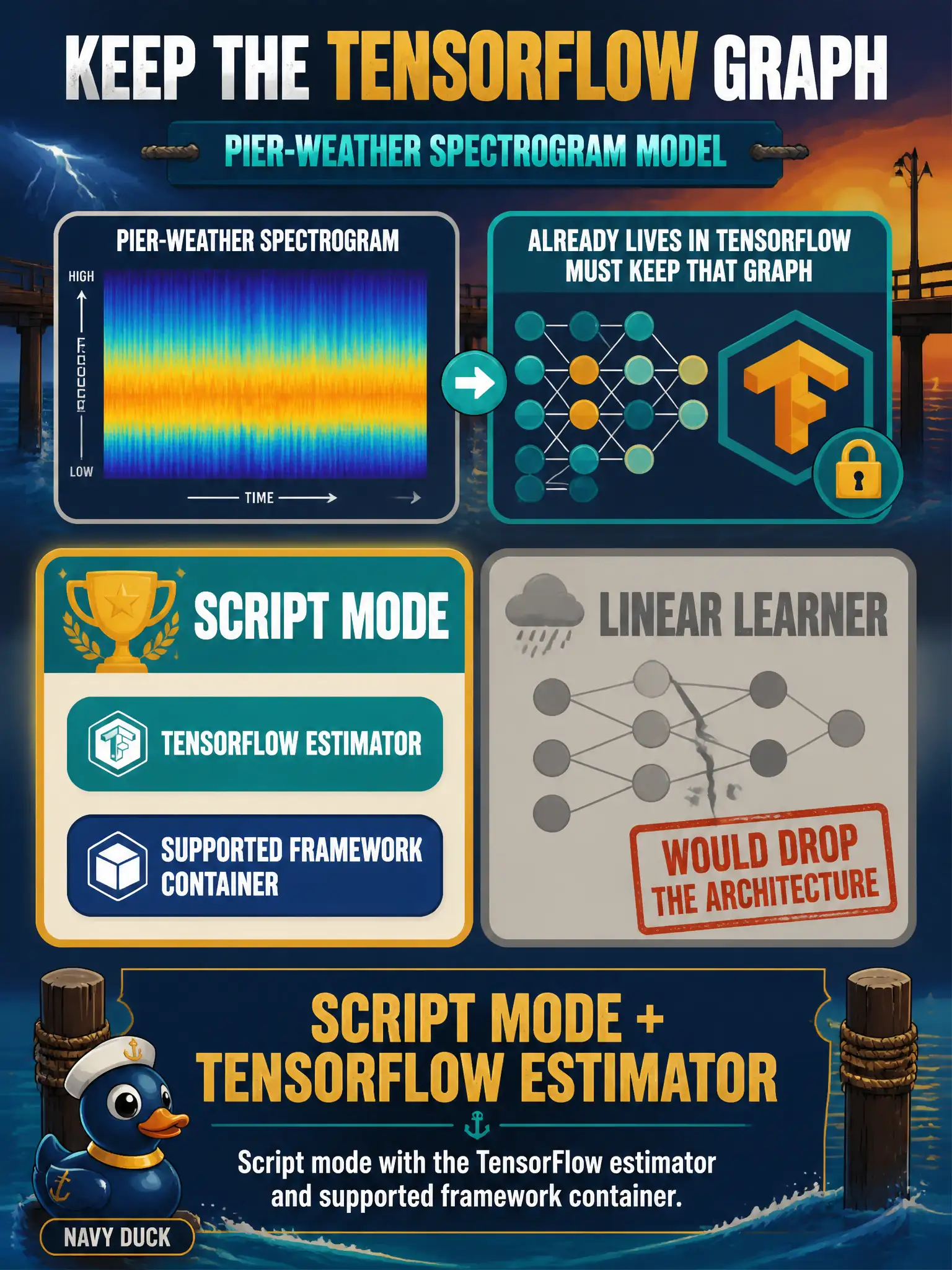 To Create an exciting colorful infographic that explains the concepts in the question: Question: A pier-weather spectrogram model already lives in TensorFlow and must keep that graph. Rewriting it as Linear Learner would drop the architecture. Which SageMaker path fits? Correct Answer: Script mode with the TensorFlow estimator and supported framework container. Put EVERY visible label in double quotes. No people. No A/B/C/D letters. In one of the four corners put a little "Navy Duck".