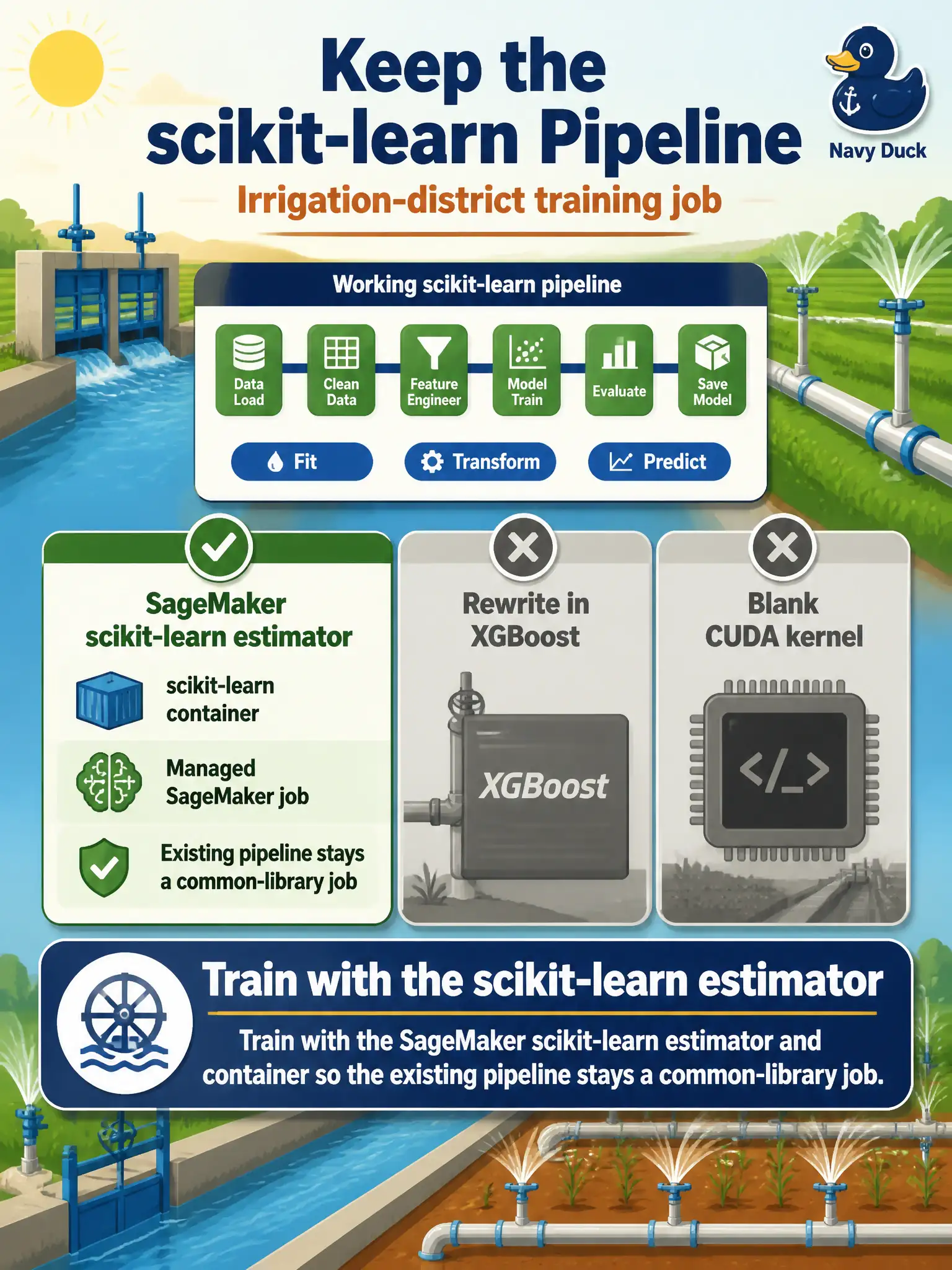To Create an exciting colorful infographic that explains the concepts in the question: Question: Irrigation-district staff have a working scikit-learn pipeline and want it trained as a managed SageMaker job, not rewritten in XGBoost and not handed a blank CUDA kernel. Which path fits? Correct Answer: Train with the SageMaker scikit-learn estimator and container so the existing pipeline stays a common-library job. Put EVERY visible label in double quotes. No people. No A/B/C/D letters. In one of the four corners put a little "Navy Duck".