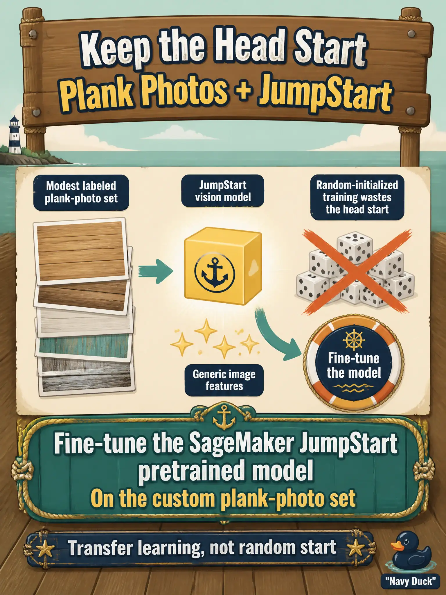 To Create an exciting colorful infographic that explains the concepts in the question: Question: Dock inspectors have a modest labeled plank-photo set and a JumpStart vision model that already knows generic image features. Random-initialized training would waste that head start. What should they do? Correct Answer: Fine-tune the SageMaker JumpStart pretrained model on the custom plank-photo set. Put EVERY visible label in double quotes. No people. No A/B/C/D letters. In one of the four corners put a little "Navy Duck".