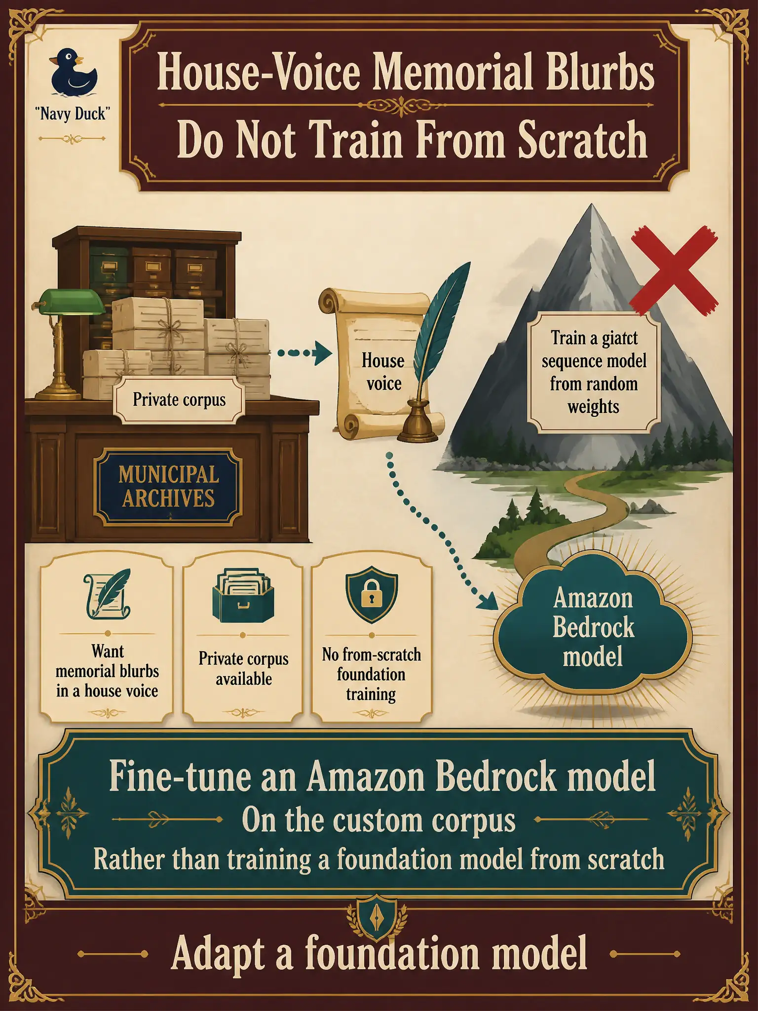 To Create an exciting colorful infographic that explains the concepts in the question: Question: A municipal archives desk wants memorial blurbs in a house voice and has a private corpus. They do not want to train a giant sequence model from random weights. Which approach fits? Correct Answer: Fine-tune an Amazon Bedrock model on the custom corpus rather than training a foundation model from scratch. Put EVERY visible label in double quotes. No people. No A/B/C/D letters. In one of the four corners put a little "Navy Duck".